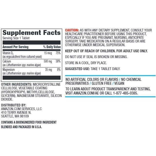 Tabletas de Calcio Veganas Amazon Elements 500mg + D2 600UI