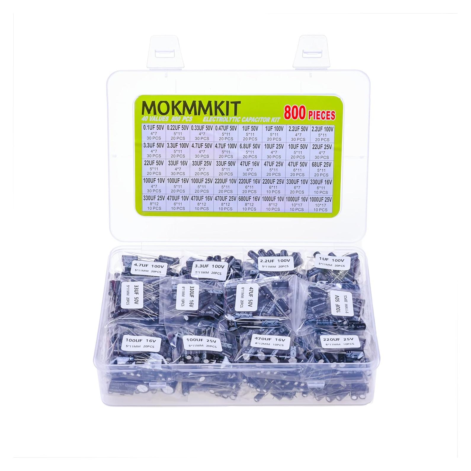 Kit de Capacitores Electrolíticos MOKMMKIT 800 Piezas 0.1uF-1000uF