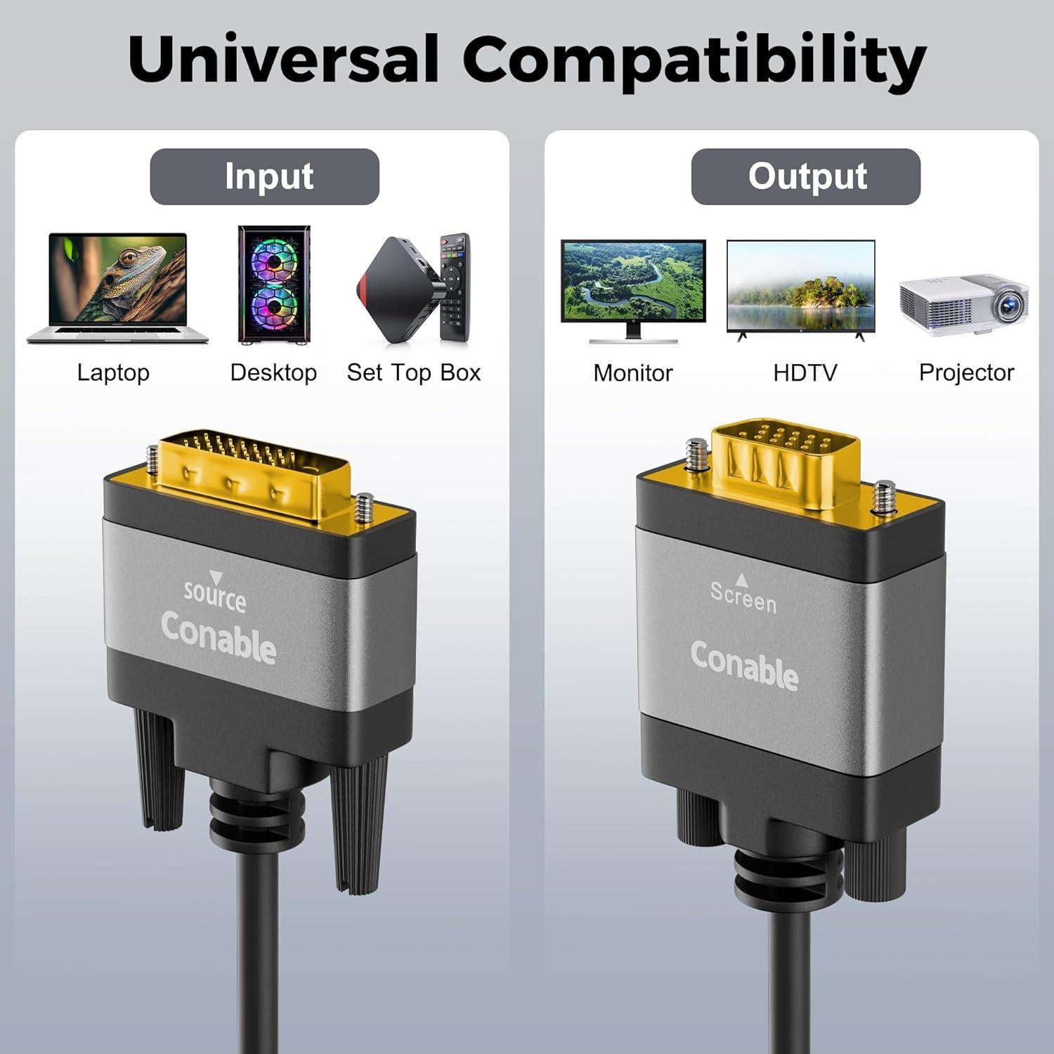 Cable DVI a VGA 1.22 m Conable, 1080P Full HD, Conectores Oro