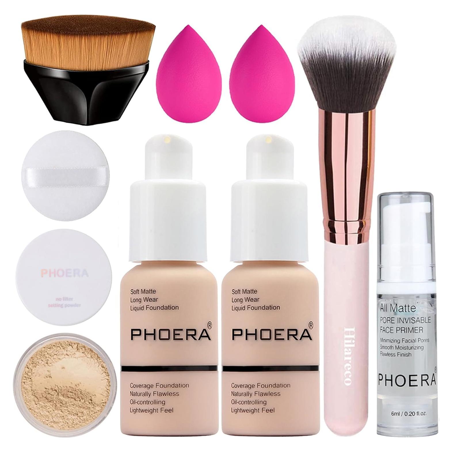 Conjunto de Maquillaje PHOERA Base, Primer y Brochas 101 Porcelana