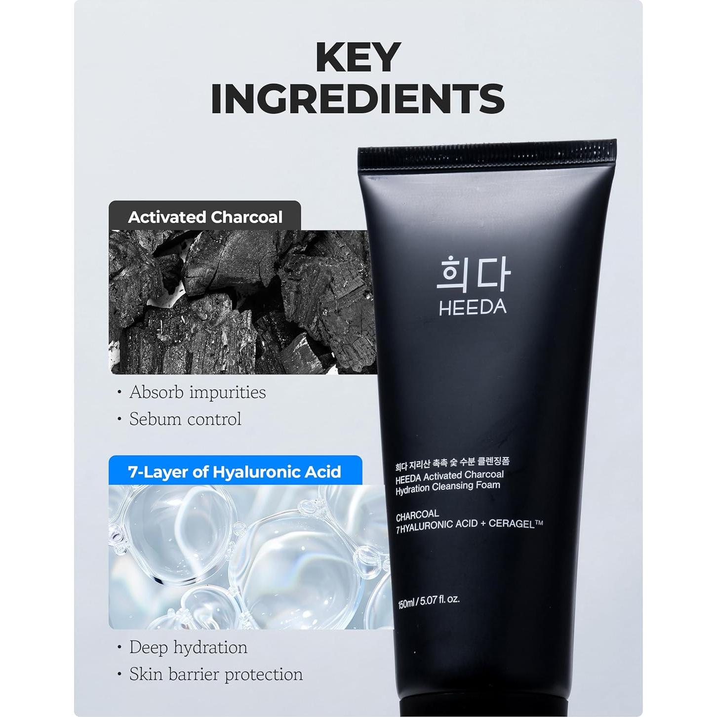 Espuma Limpiadora Facial Heeda 150 ml - Carbón Activado y Ácido Hialurónico