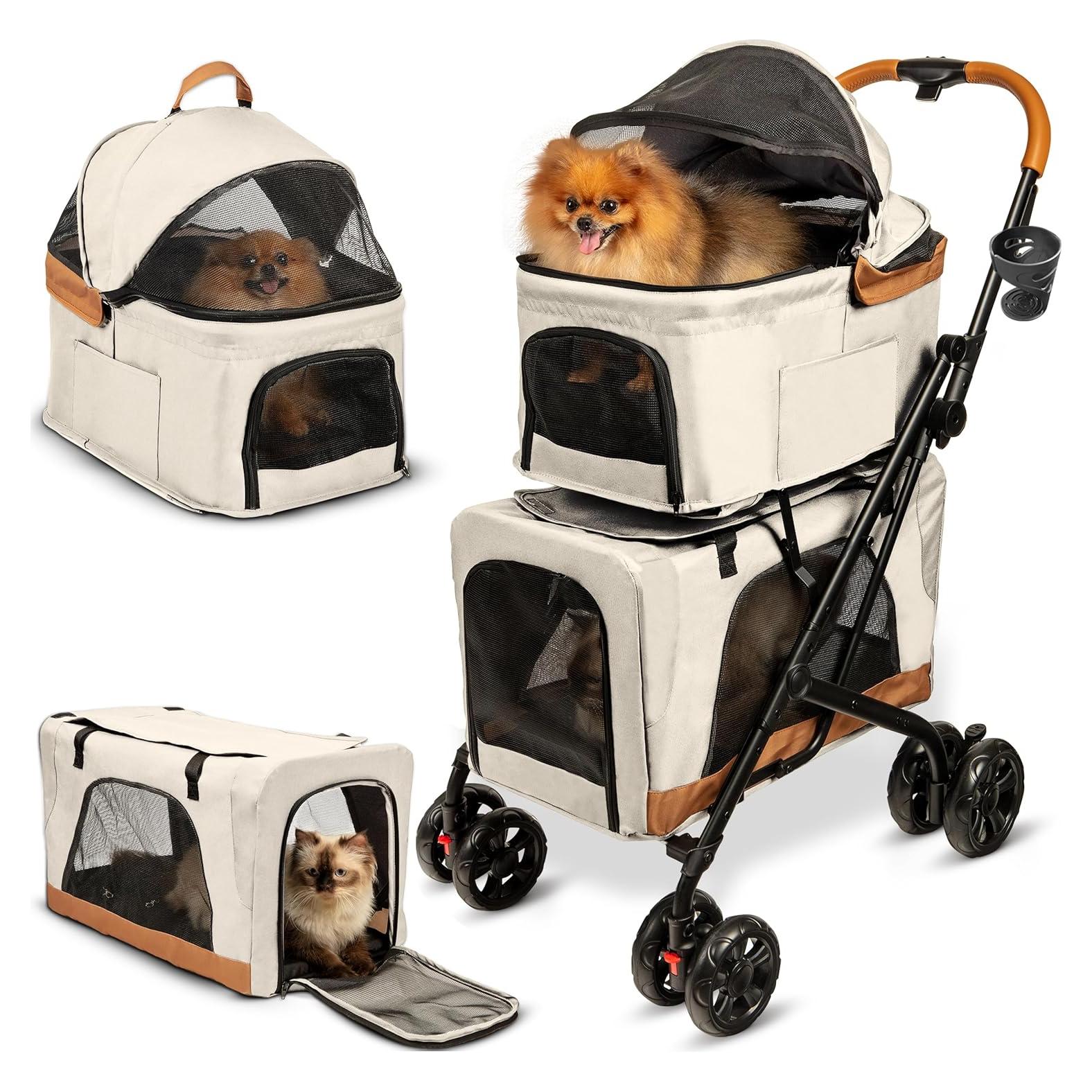 Carrito Doble para Mascotas PAWLALA Beige Cósmico 2 Perros/Gatos
