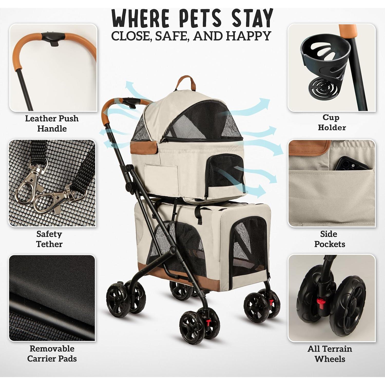 Carrito Doble para Mascotas PAWLALA Beige Cósmico 2 Perros/Gatos