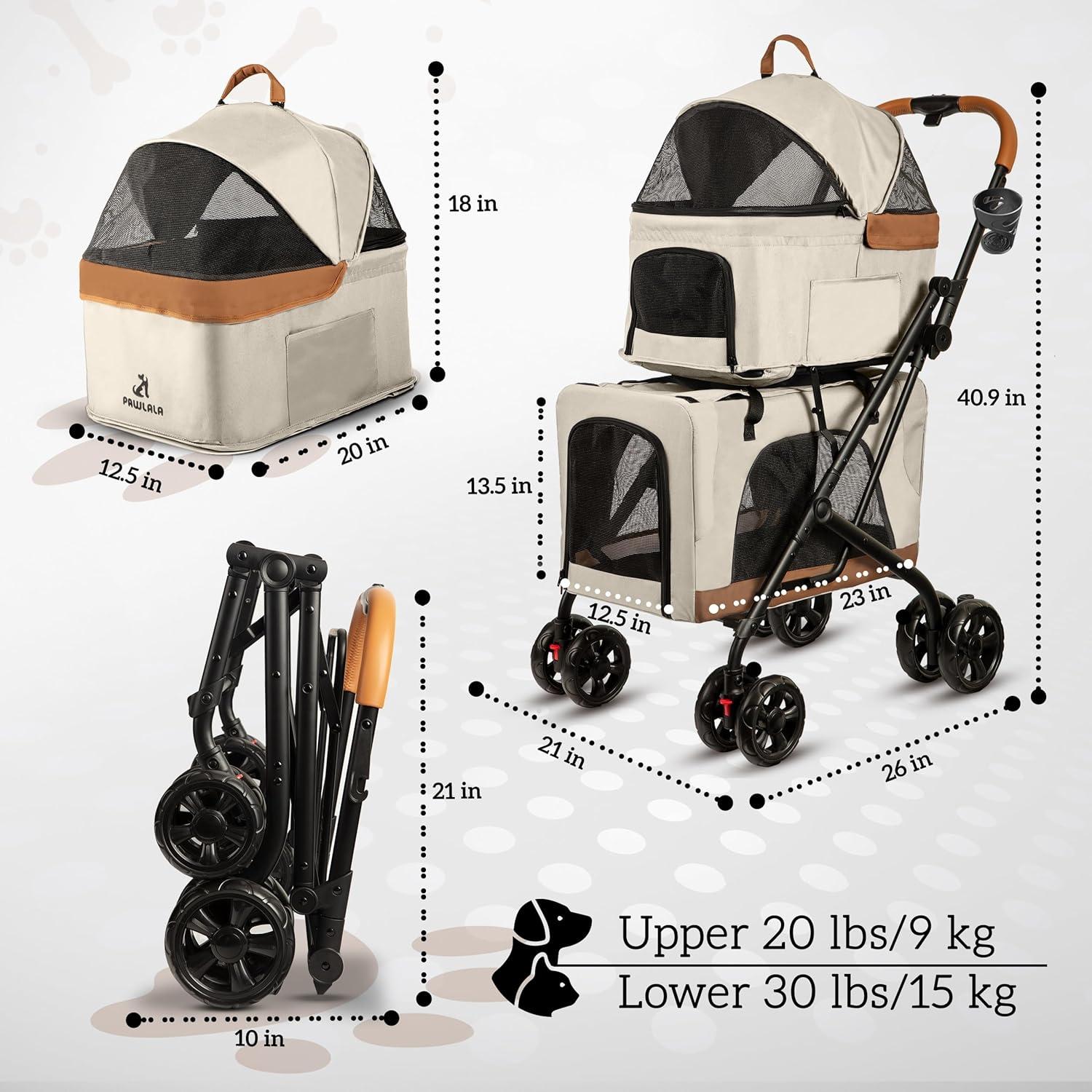 Carrito Doble para Mascotas PAWLALA Beige Cósmico 2 Perros/Gatos