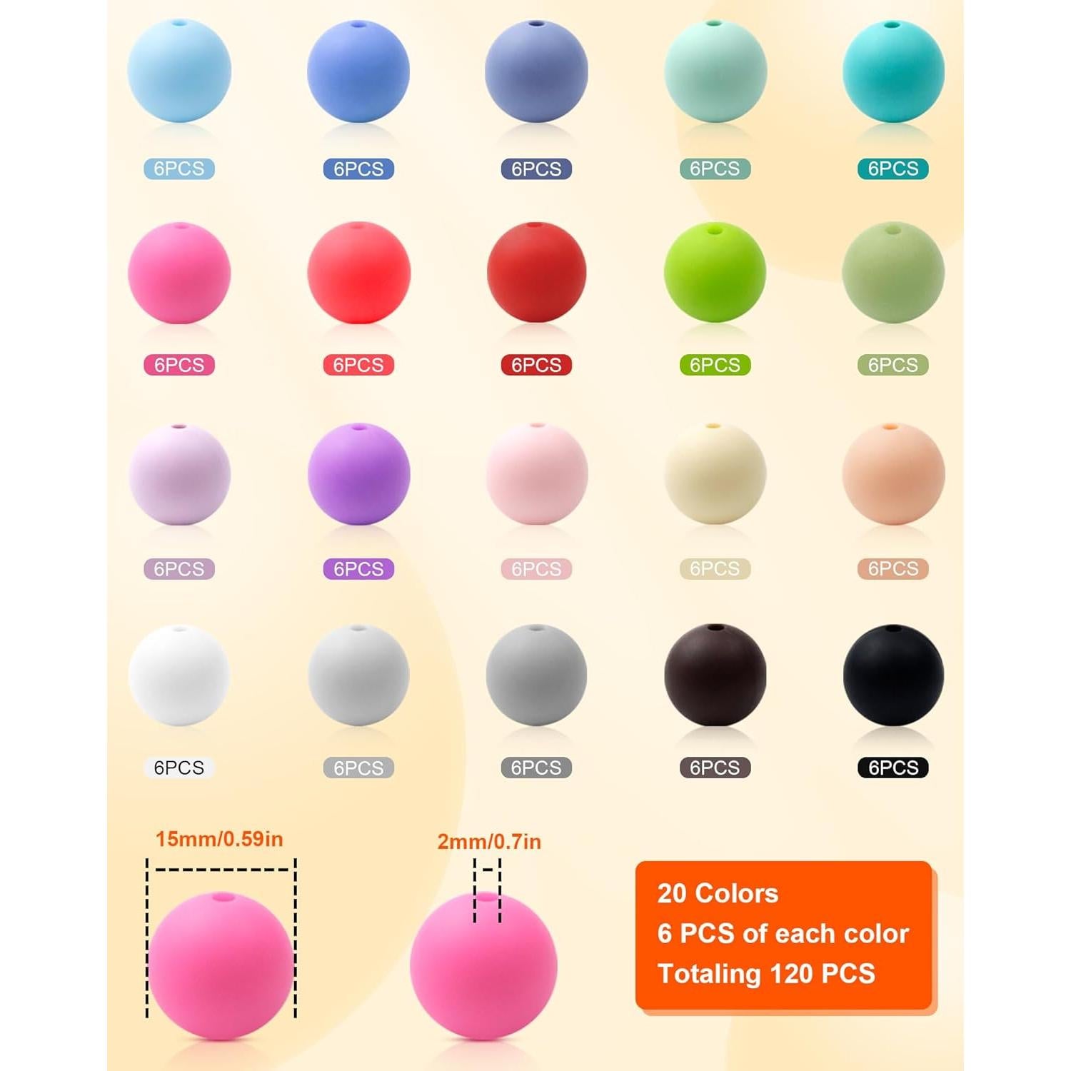 120 Perlas de Silicona 15mm FIVEIZERO en 20 Colores Mezclados