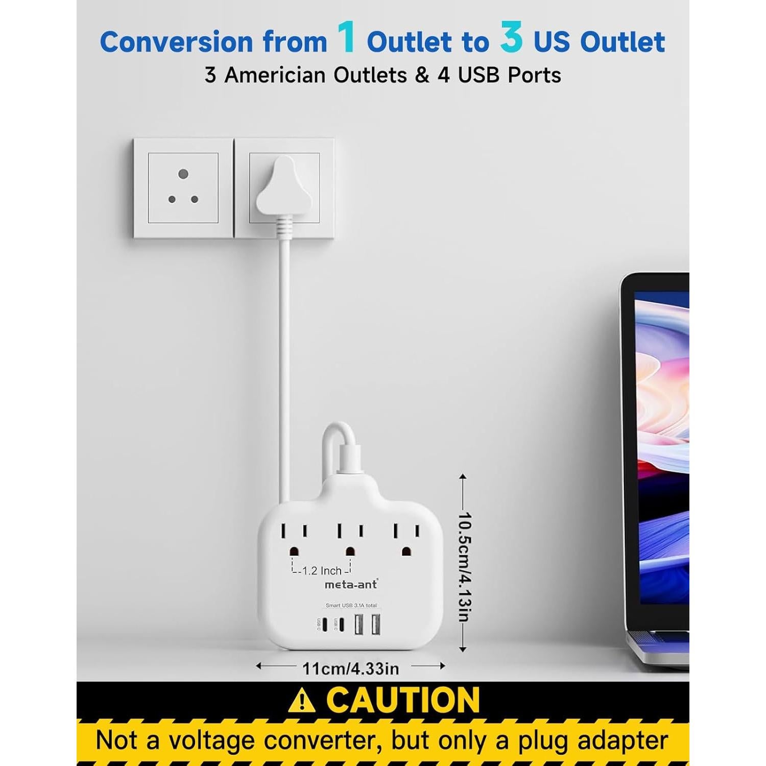 Adaptador de enchufe tipo M Meta-Ant 7 en 1 con USB-C 15.5W