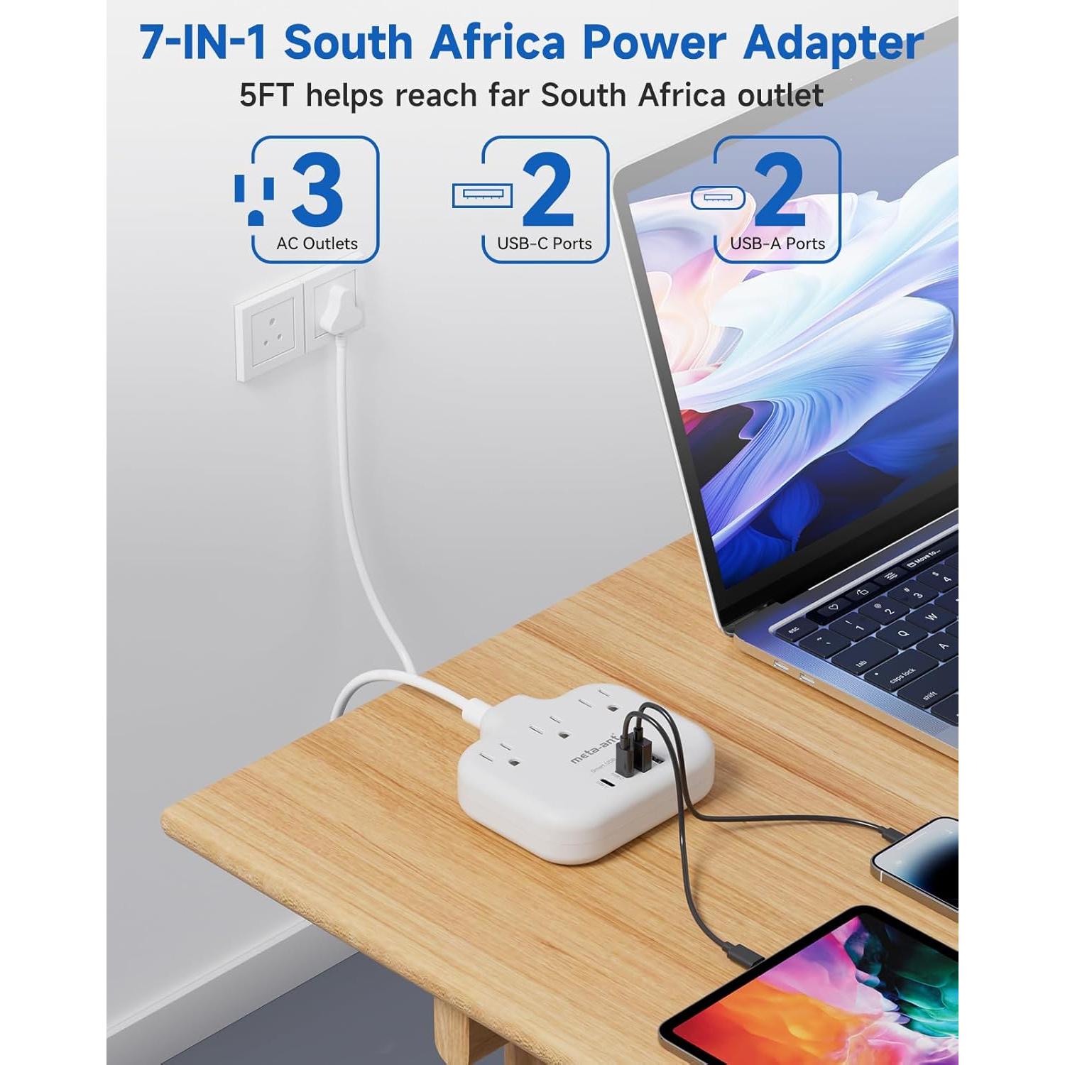 Adaptador de enchufe tipo M Meta-Ant 7 en 1 con USB-C 15.5W