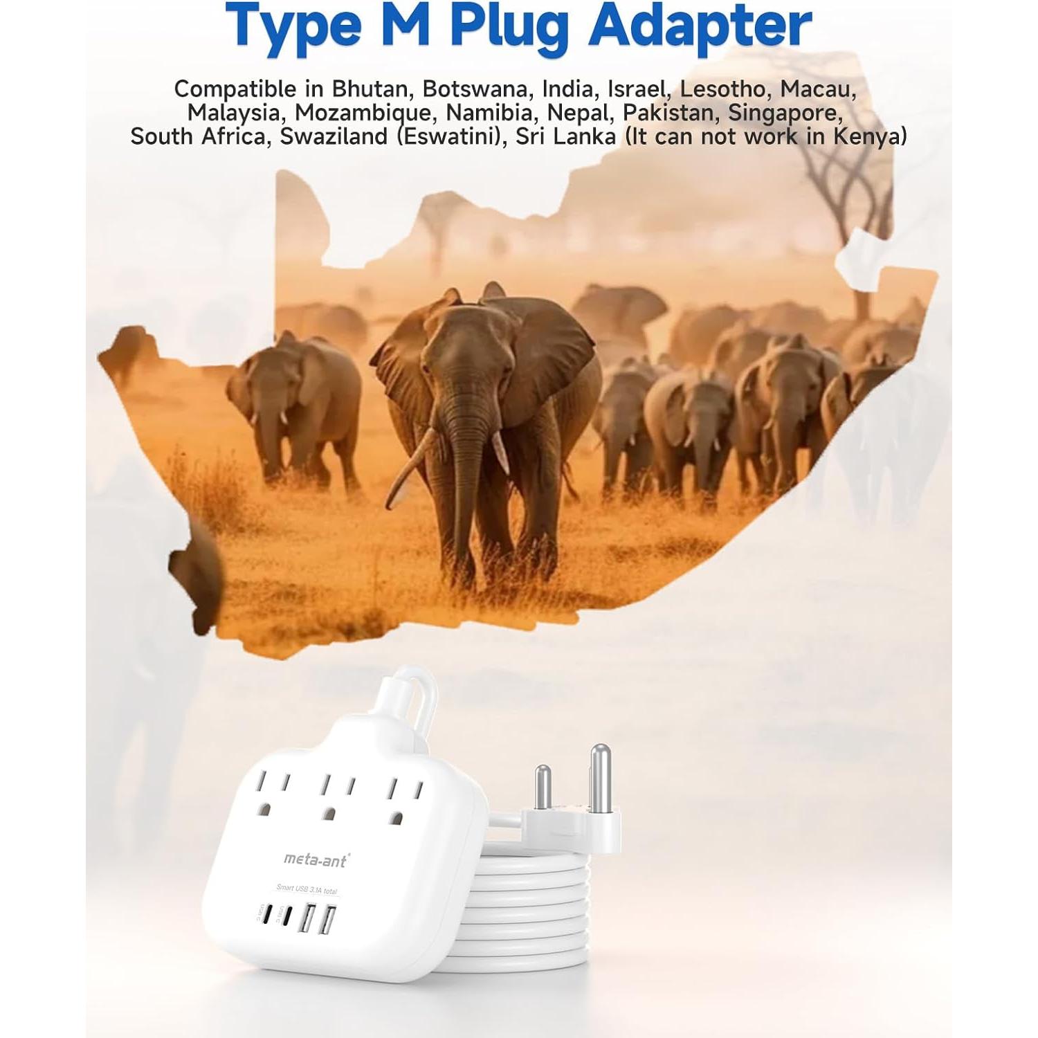Adaptador de enchufe tipo M Meta-Ant 7 en 1 con USB-C 15.5W