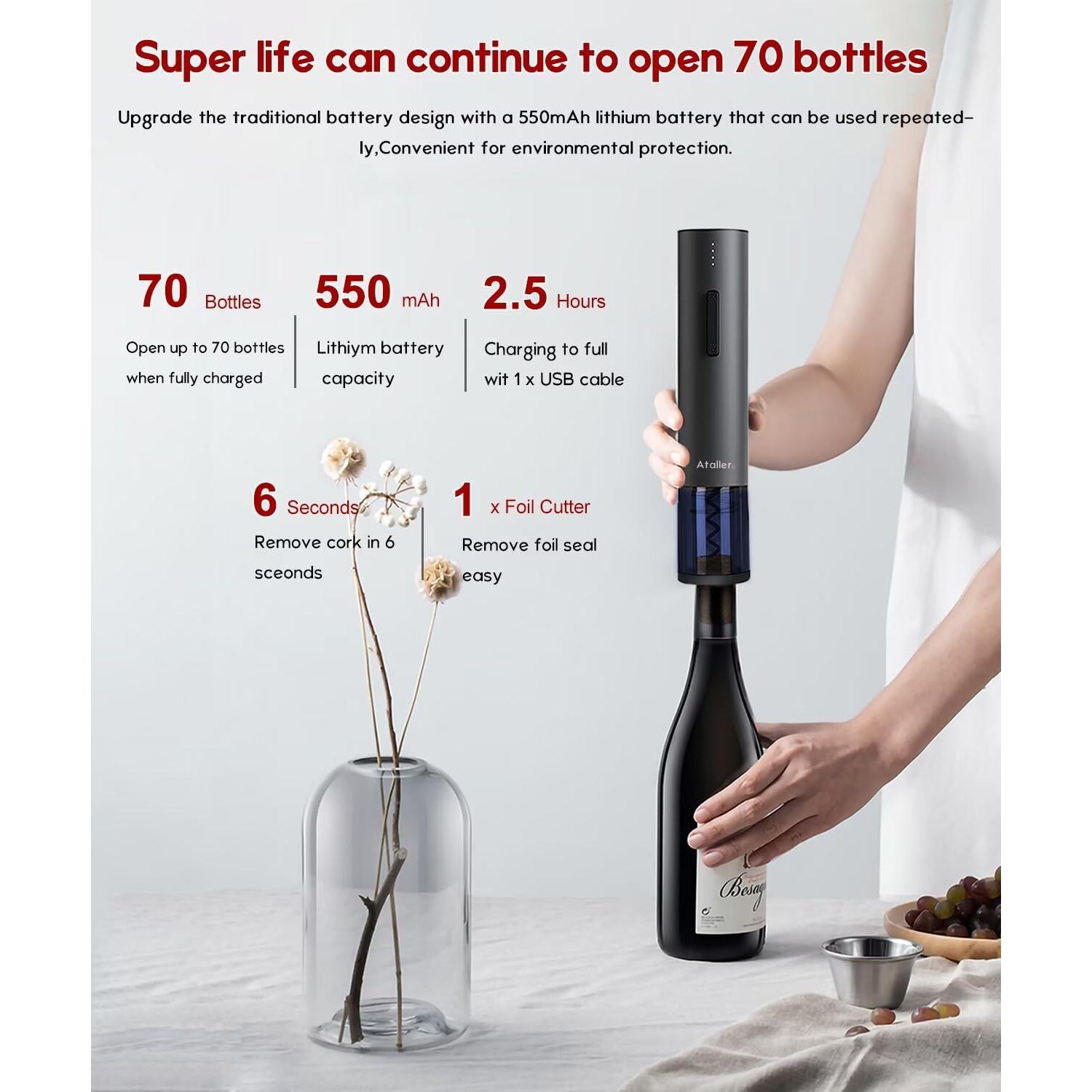 Abridor de Botellas de Vino Eléctrico Ataller KP-260B Negro