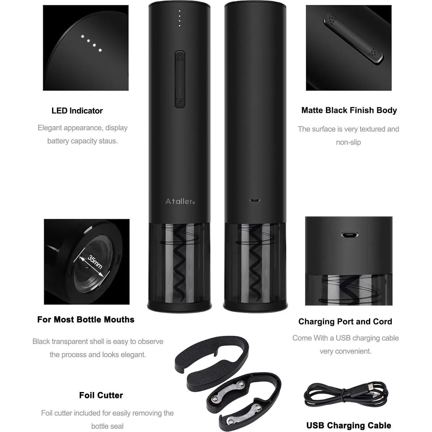 Abridor de Botellas de Vino Eléctrico Ataller KP-260B Negro