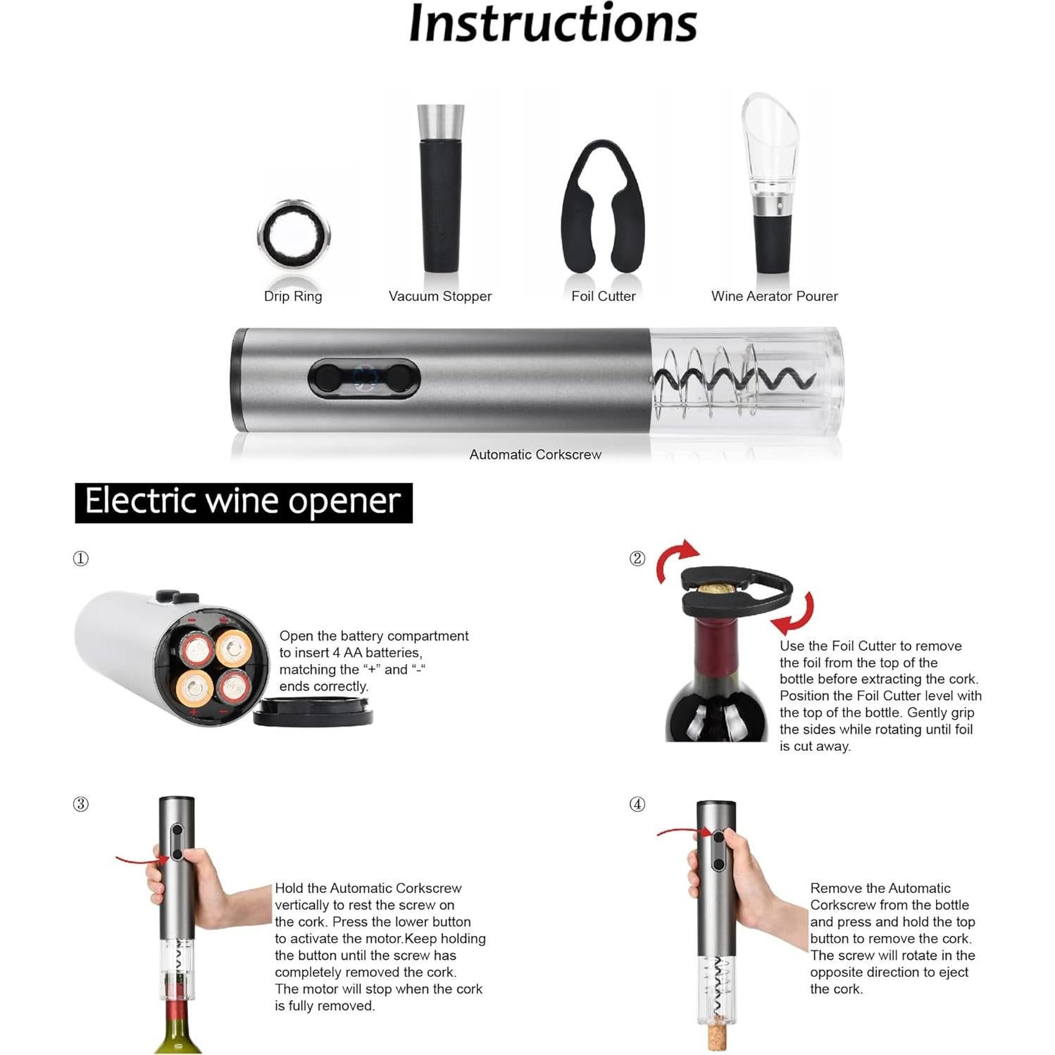 Abridor de Vino Eléctrico Tirrinia con Accesorios 5 Piezas