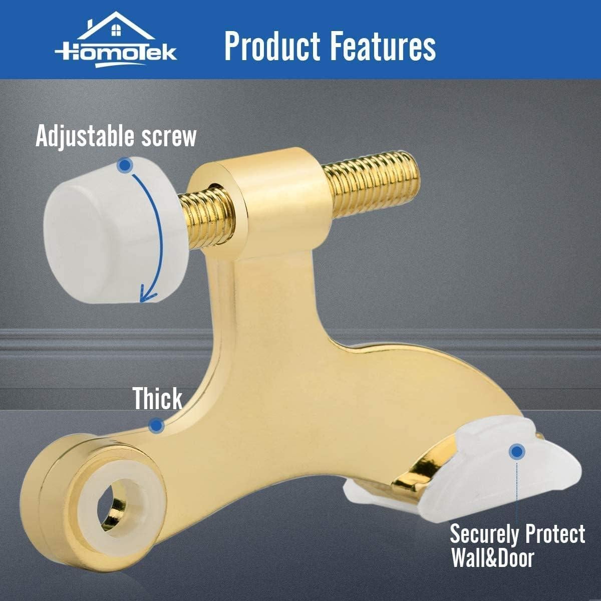 HOMOTEK 1 Pack Hinge Pin Bright Brass Door Stopper,Adjustable Deluxe Heavy Duty Door Stopper 2-1/2"x1-3/4,with White Rubber Bumper Tips