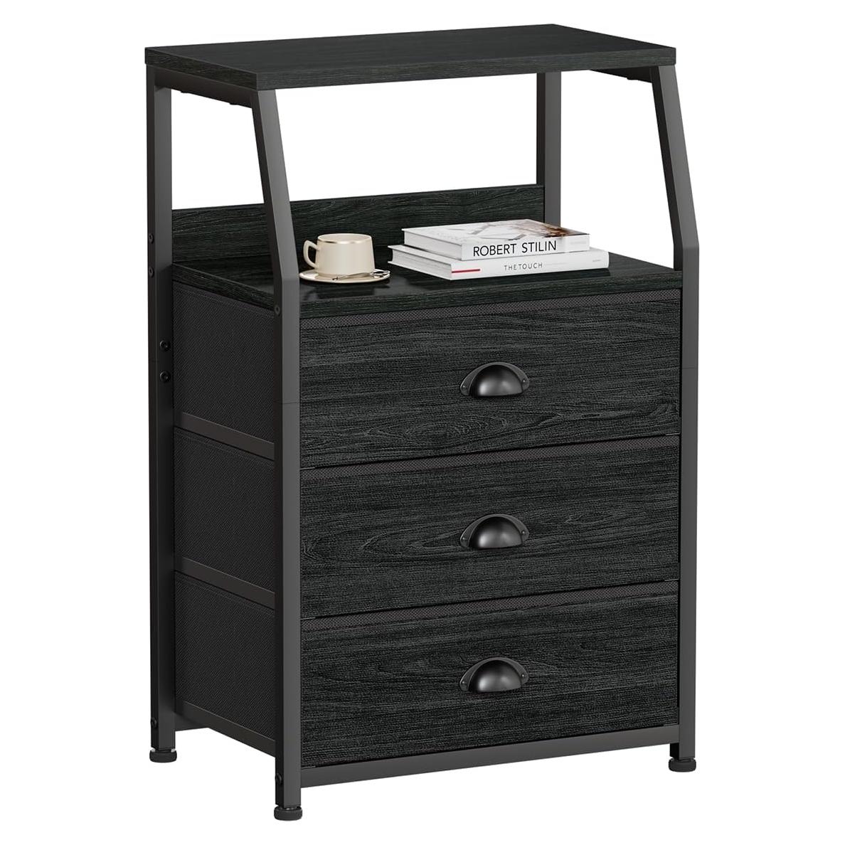 Mesita de Noche Furnulem Roble Negro con 3 Cajones y Estante