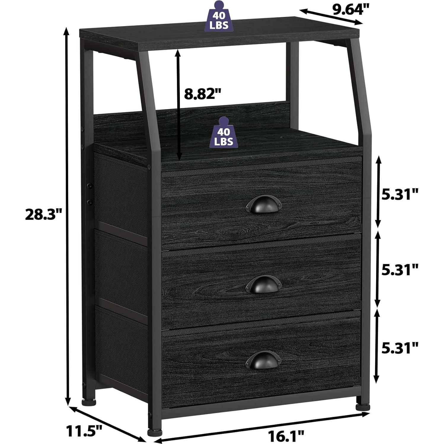 Mesita de Noche Furnulem Roble Negro con 3 Cajones y Estante