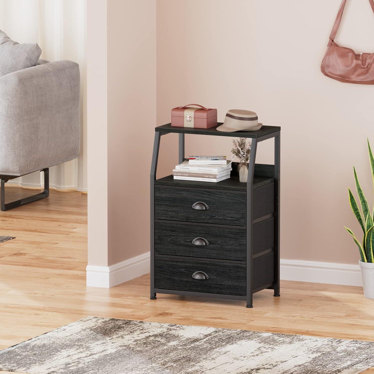 Mesita de Noche Furnulem Roble Negro con 3 Cajones y Estante