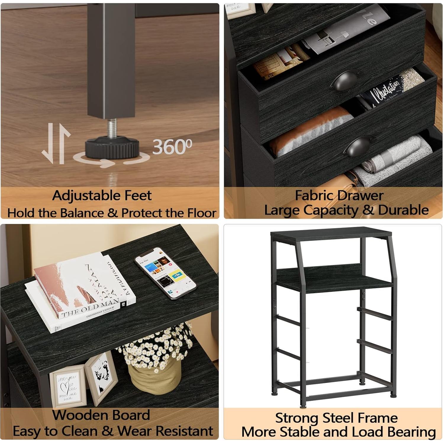 Mesita de Noche Furnulem Roble Negro con 3 Cajones y Estante