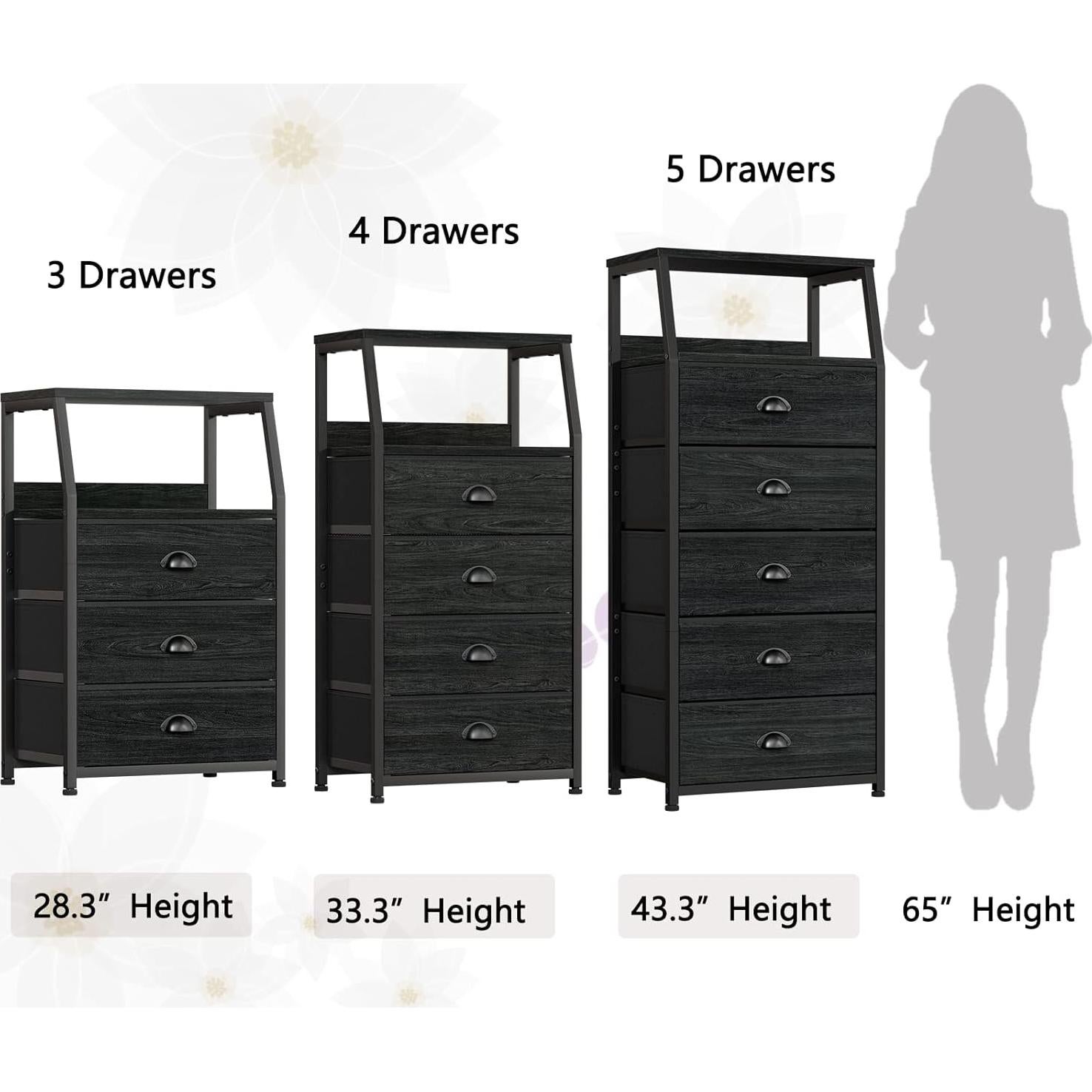 Mesita de Noche Furnulem Roble Negro con 3 Cajones y Estante