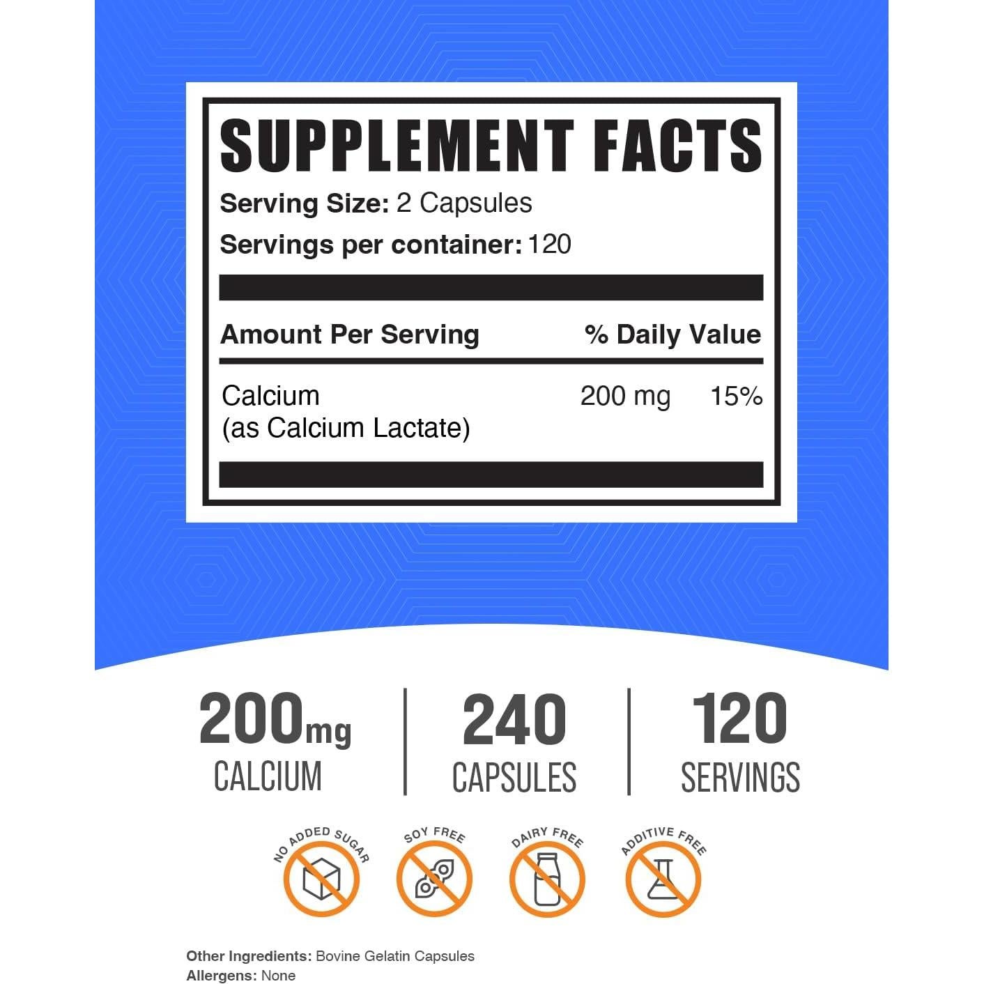 Cápsulas de Lactato de Calcio BulkSupplements 200mg - 240 Unidades