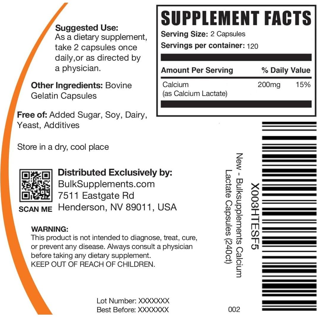 Cápsulas de Lactato de Calcio BulkSupplements 200mg - 240 Unidades