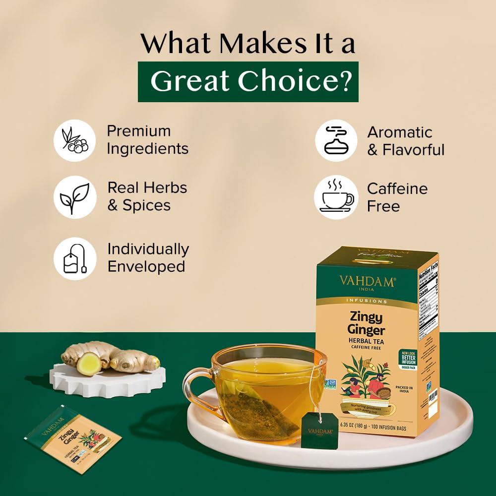Bolsitas de Té de Jengibre VAHDAM 100 Unidades Ecológicas