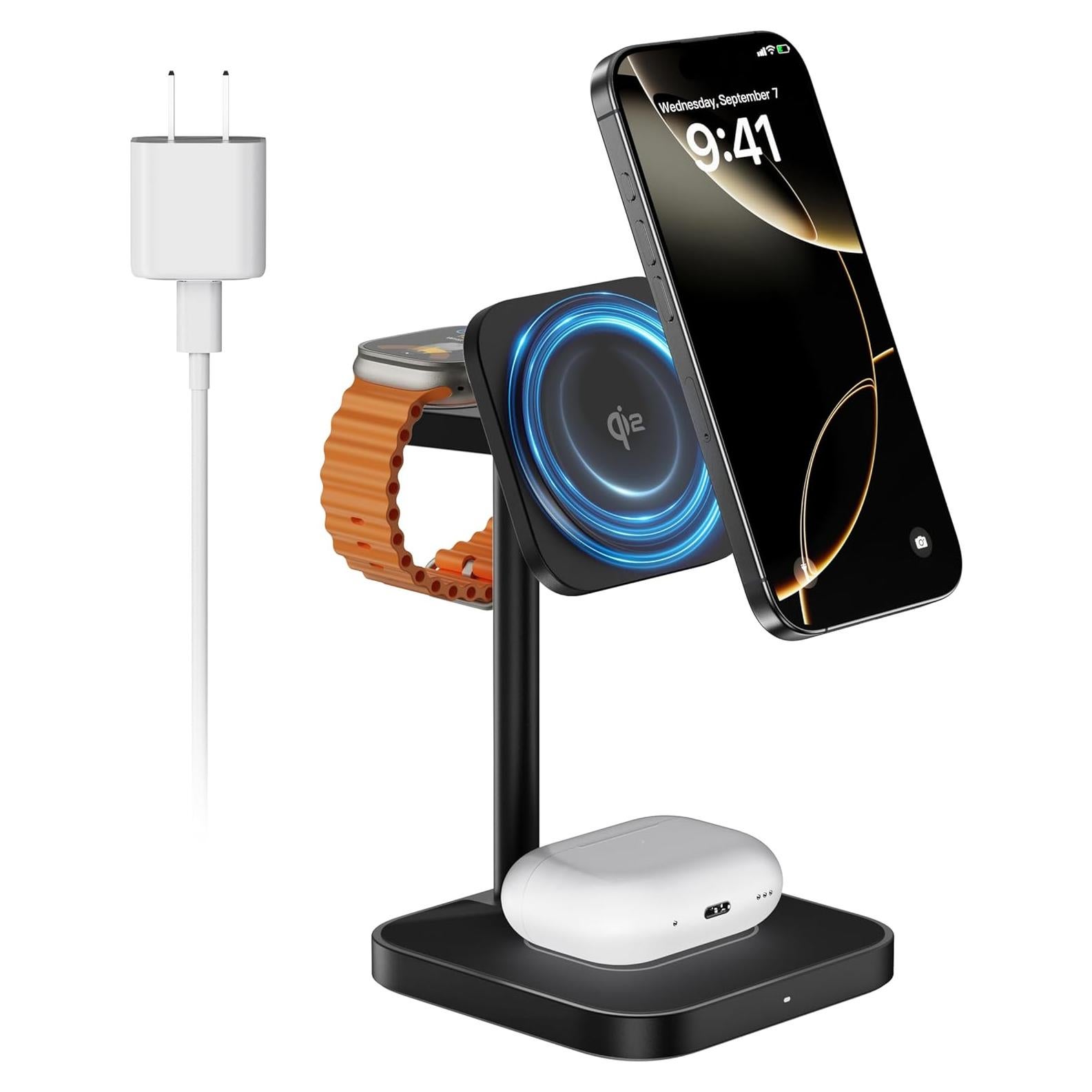 Cargador Inalámbrico 3 en 1 LULULOOK Qi2 15W MagSafe Negro