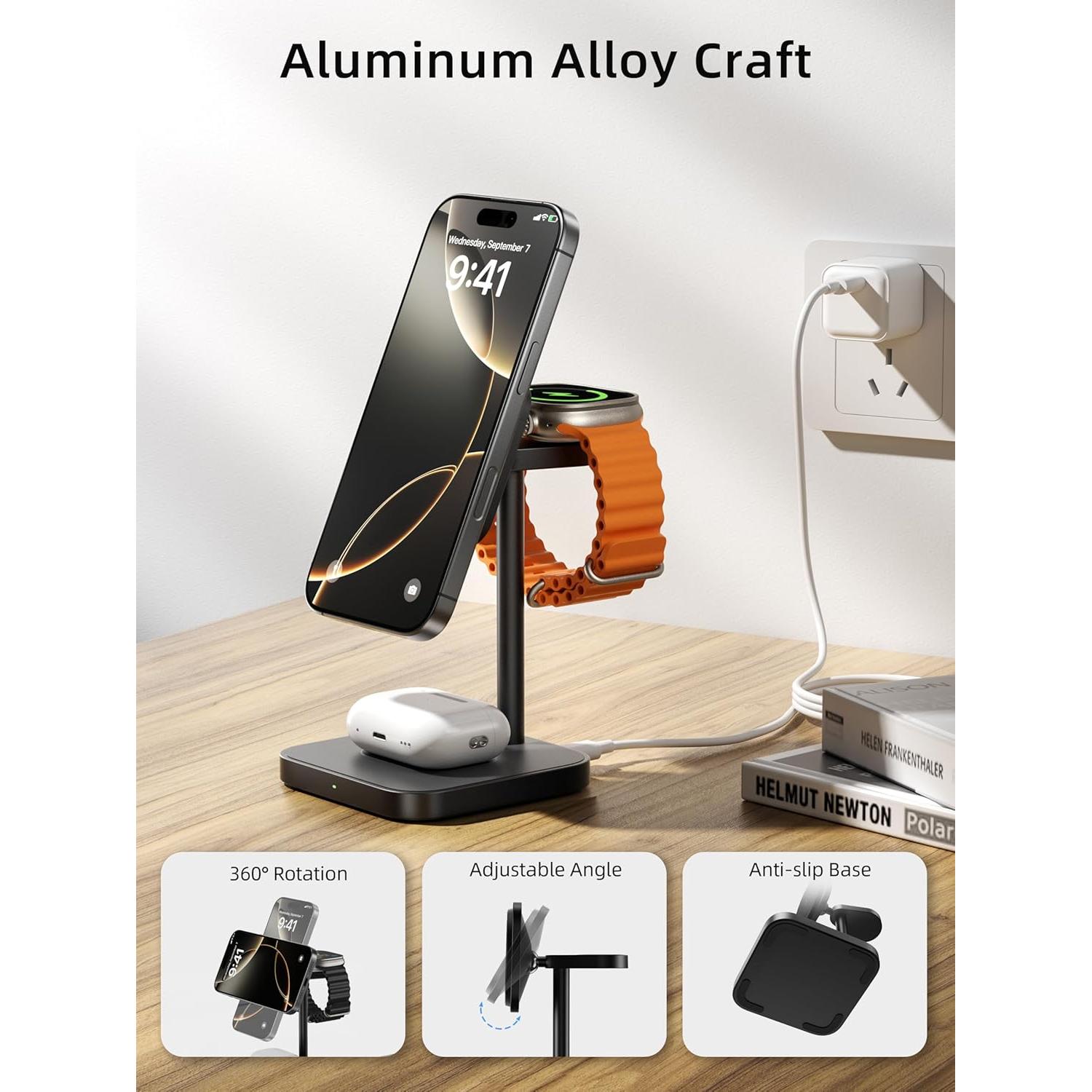 Cargador Inalámbrico 3 en 1 LULULOOK Qi2 15W MagSafe Negro