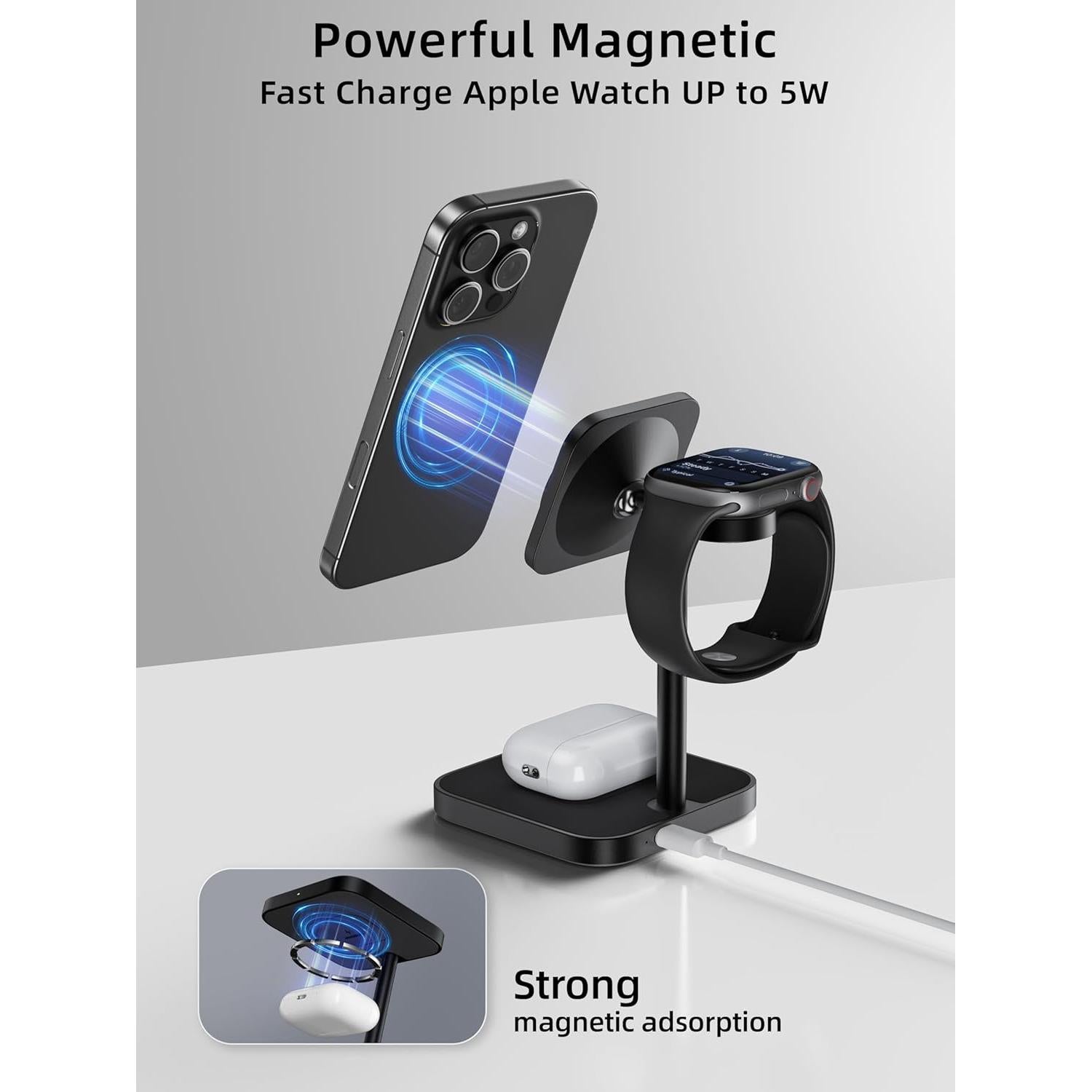 Cargador Inalámbrico 3 en 1 LULULOOK Qi2 15W MagSafe Negro