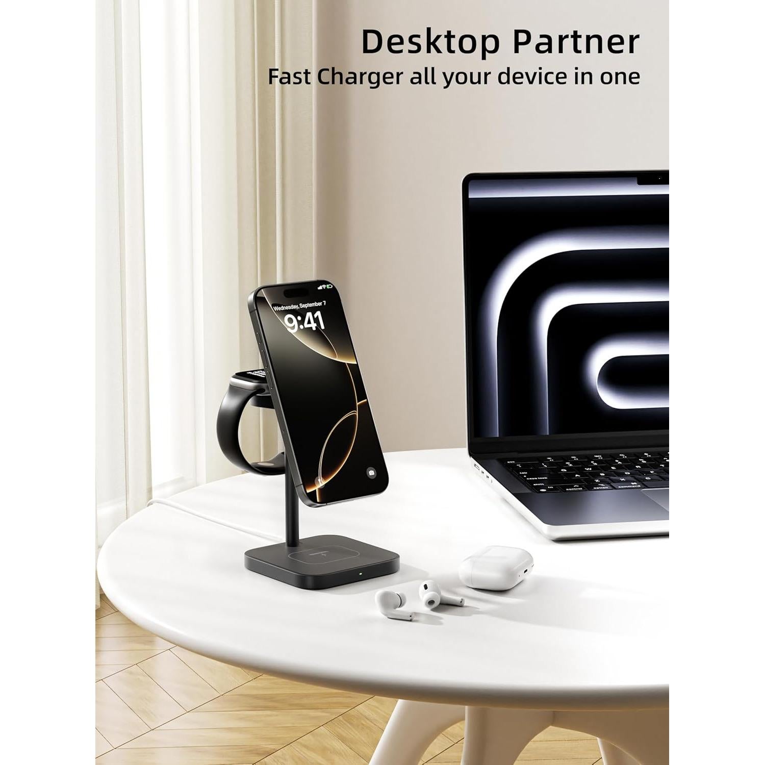 Cargador Inalámbrico 3 en 1 LULULOOK Qi2 15W MagSafe Negro