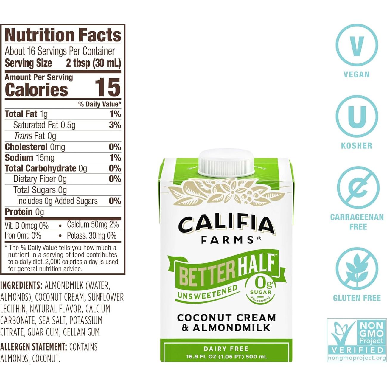 Crema Vegana Sin Azúcar Califia Farms 6x500ml - Leche de Almendra y Coco