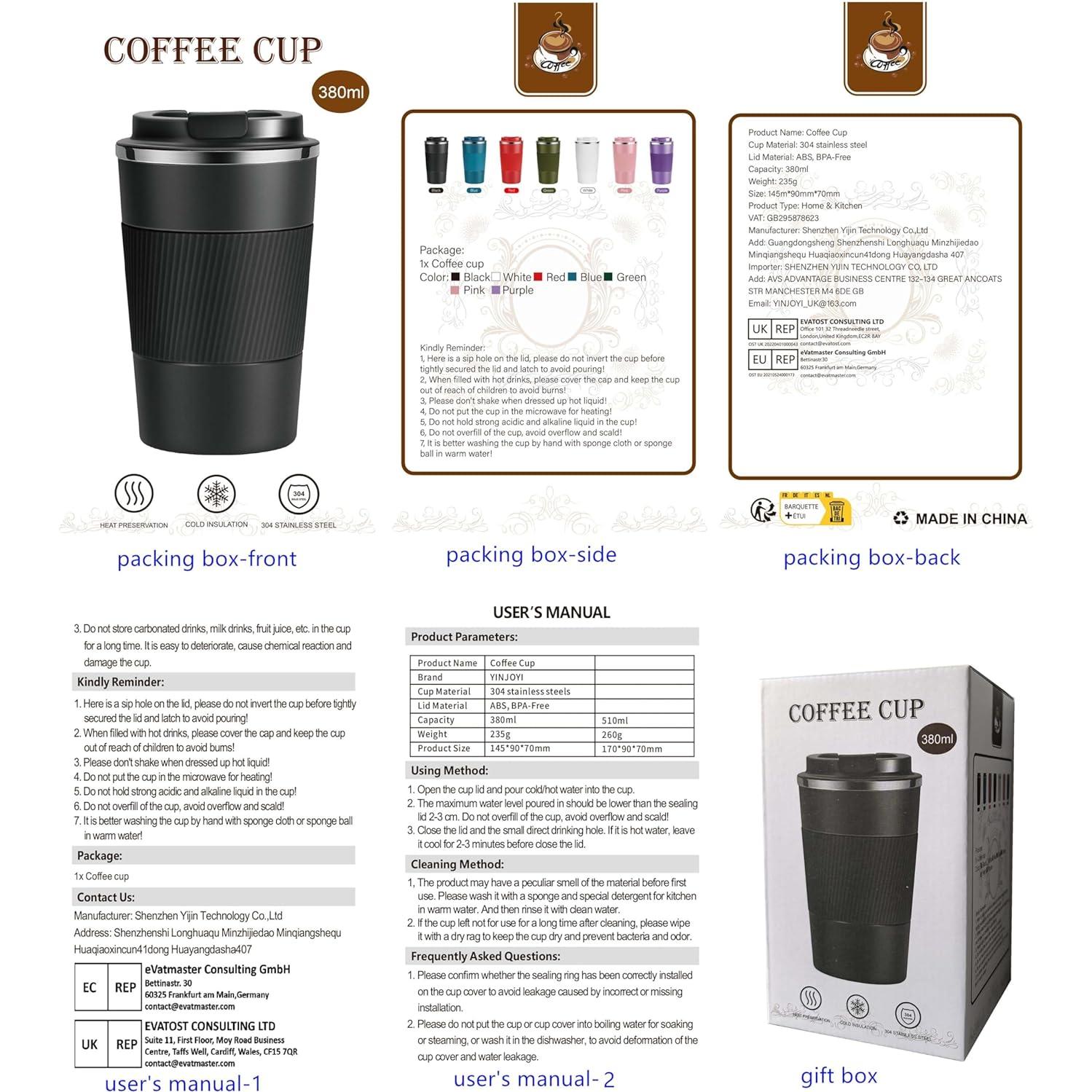 Taza de café de viaje YINJOYI 380ml acero inoxidable a prueba de fugas