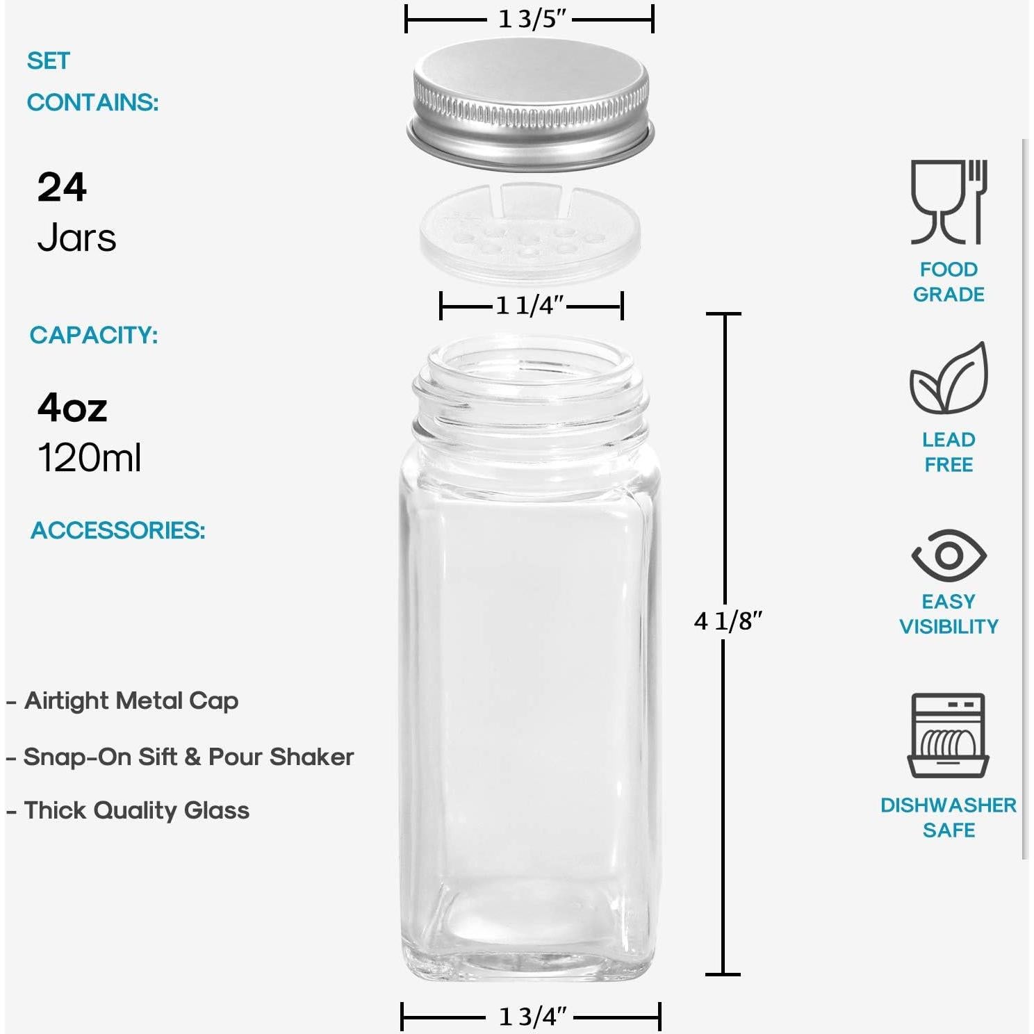Tarros de Especias de Vidrio AOZITA 24 Pcs 118ml Cuadrados