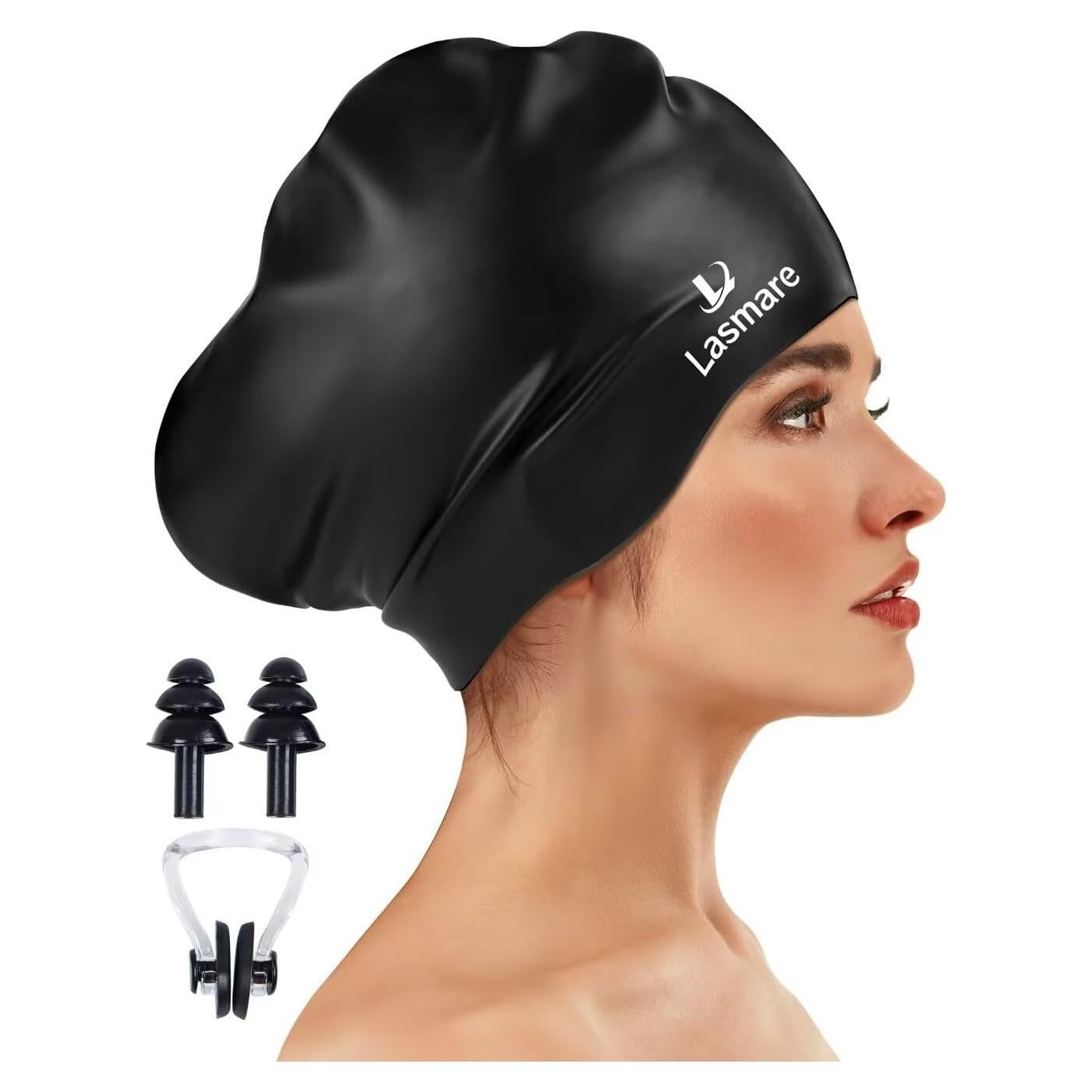 Gorro de Natación Silicona Lasmare Unisex Negro para Cabello Largo