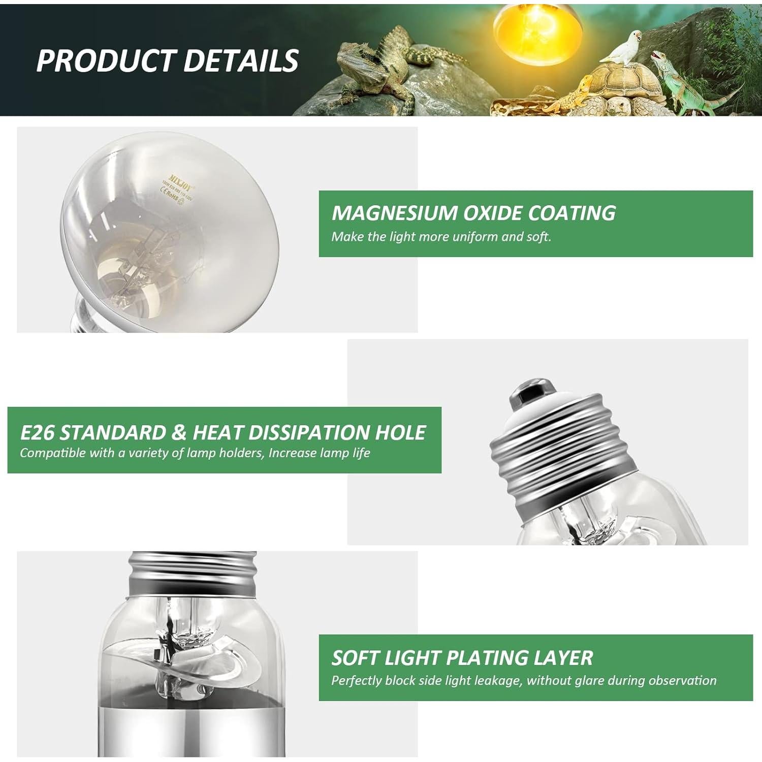 Bombilla de Calor para Reptiles MIXJOY 100W UVA UVB Espectro Completo