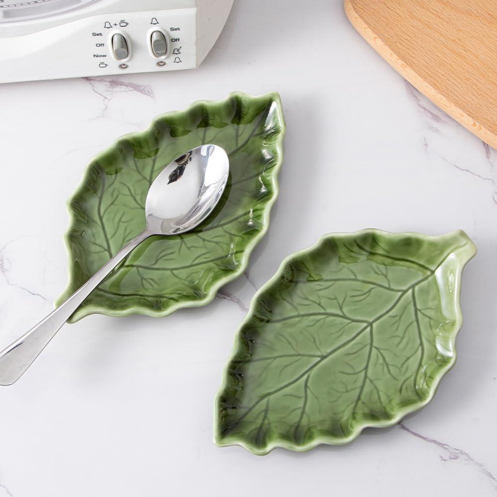 Soporte para cuchara de cerámica verde YumiPLUS - Diseño hoja