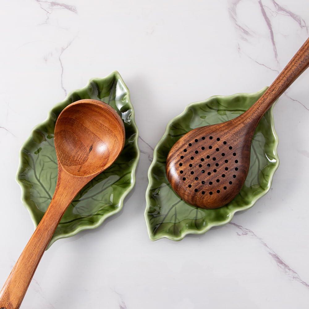 Soporte para cuchara de cerámica verde YumiPLUS - Diseño hoja