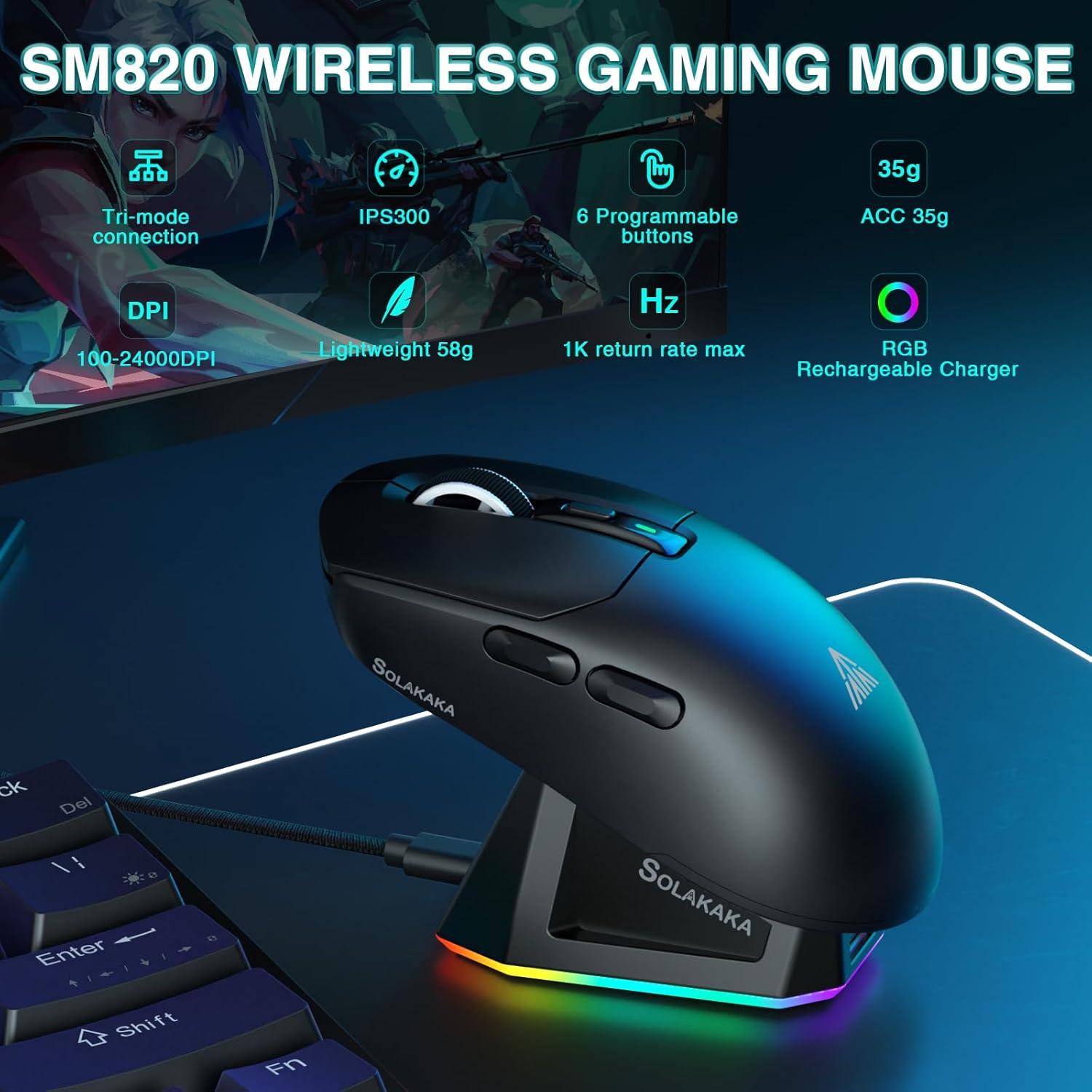 Ratón Gaming Inalámbrico SOLAKAKA SM820 24000 DPI RGB