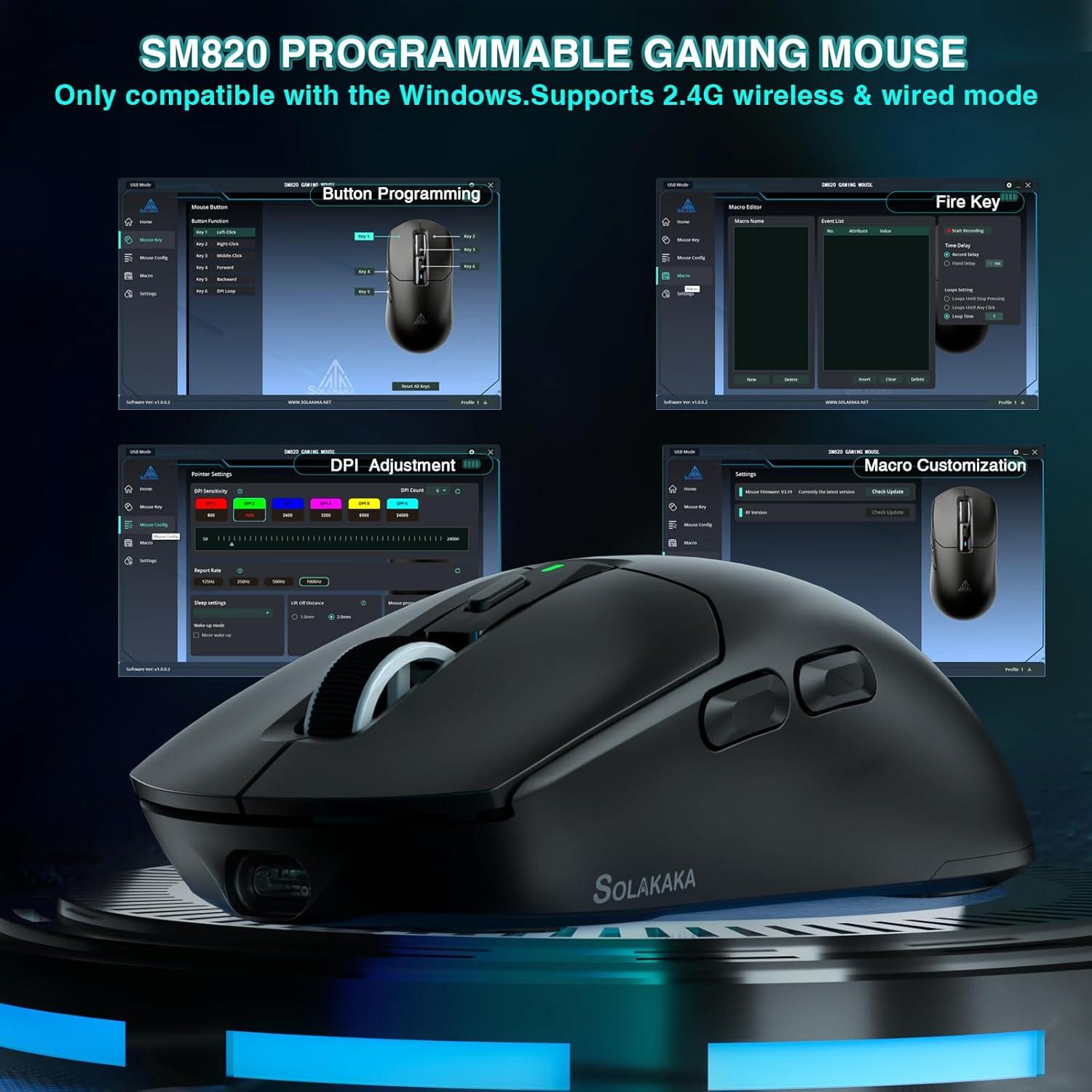 Ratón Gaming Inalámbrico SOLAKAKA SM820 24000 DPI RGB