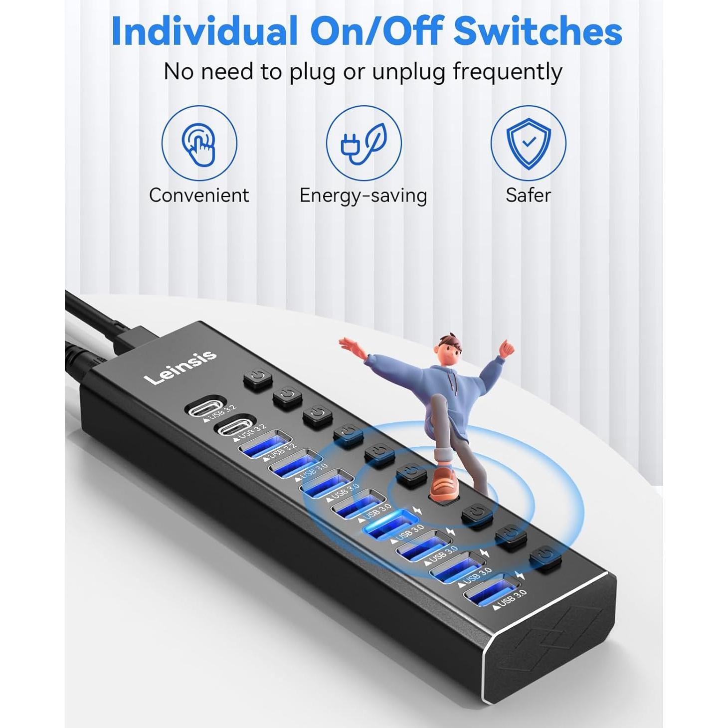 Hub USB 3.2 Alimentado LEINSIS 10 Puertos 10Gbps USB-C y USB-A