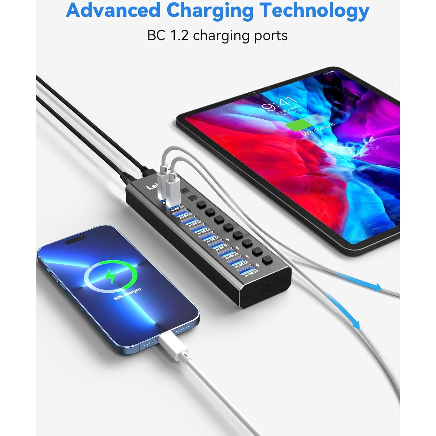 Hub USB 3.2 Alimentado LEINSIS 10 Puertos 10Gbps USB-C y USB-A