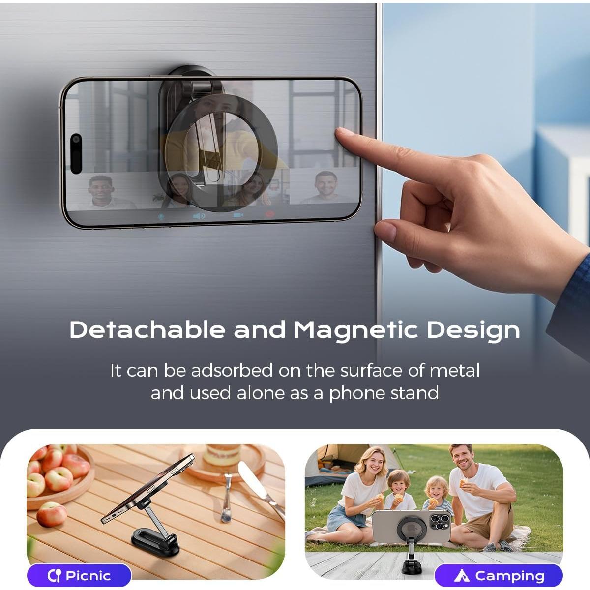 Magnetic Car Phone Holder,360° Rotation Strong Suction Car Phone Mount Detachable Vacuum Suction Phone holder Foldable Cellphone Stand for iPhone 16 15 14 13 12 Series and All Magsafe Smartphones