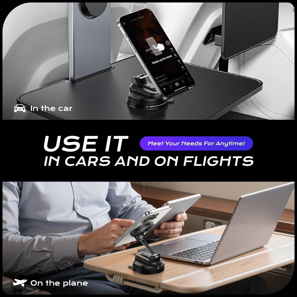 Magnetic Car Phone Holder,360° Rotation Strong Suction Car Phone Mount Detachable Vacuum Suction Phone holder Foldable Cellphone Stand for iPhone 16 15 14 13 12 Series and All Magsafe Smartphones