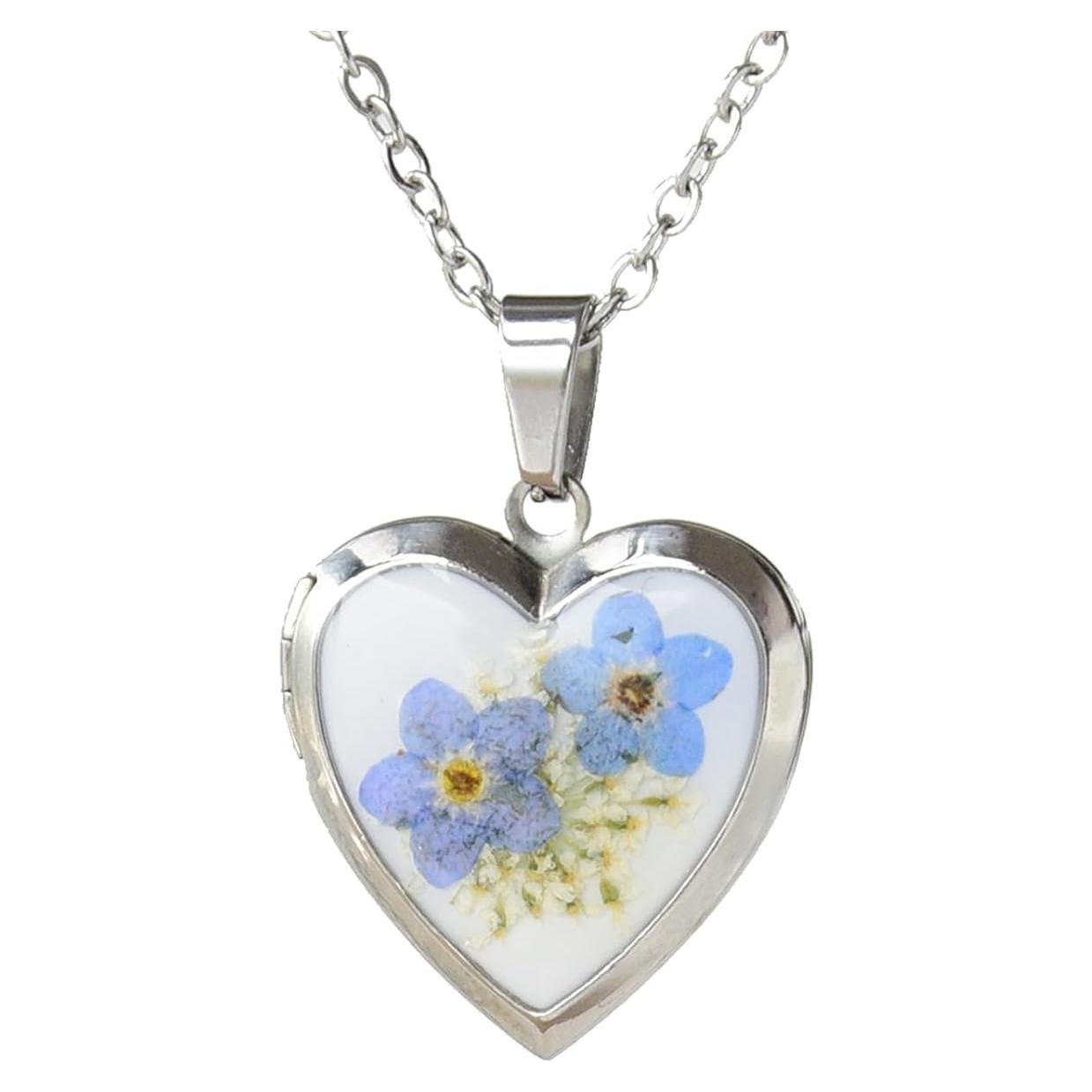 Collar Medallón Corazón Plata con Flores Prensadas - Regalo Mujer