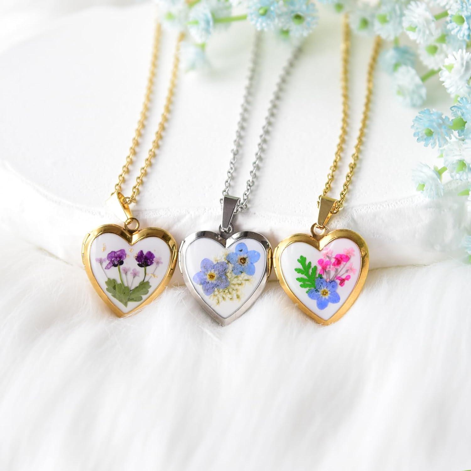 Collar Medallón Corazón Plata con Flores Prensadas - Regalo Mujer