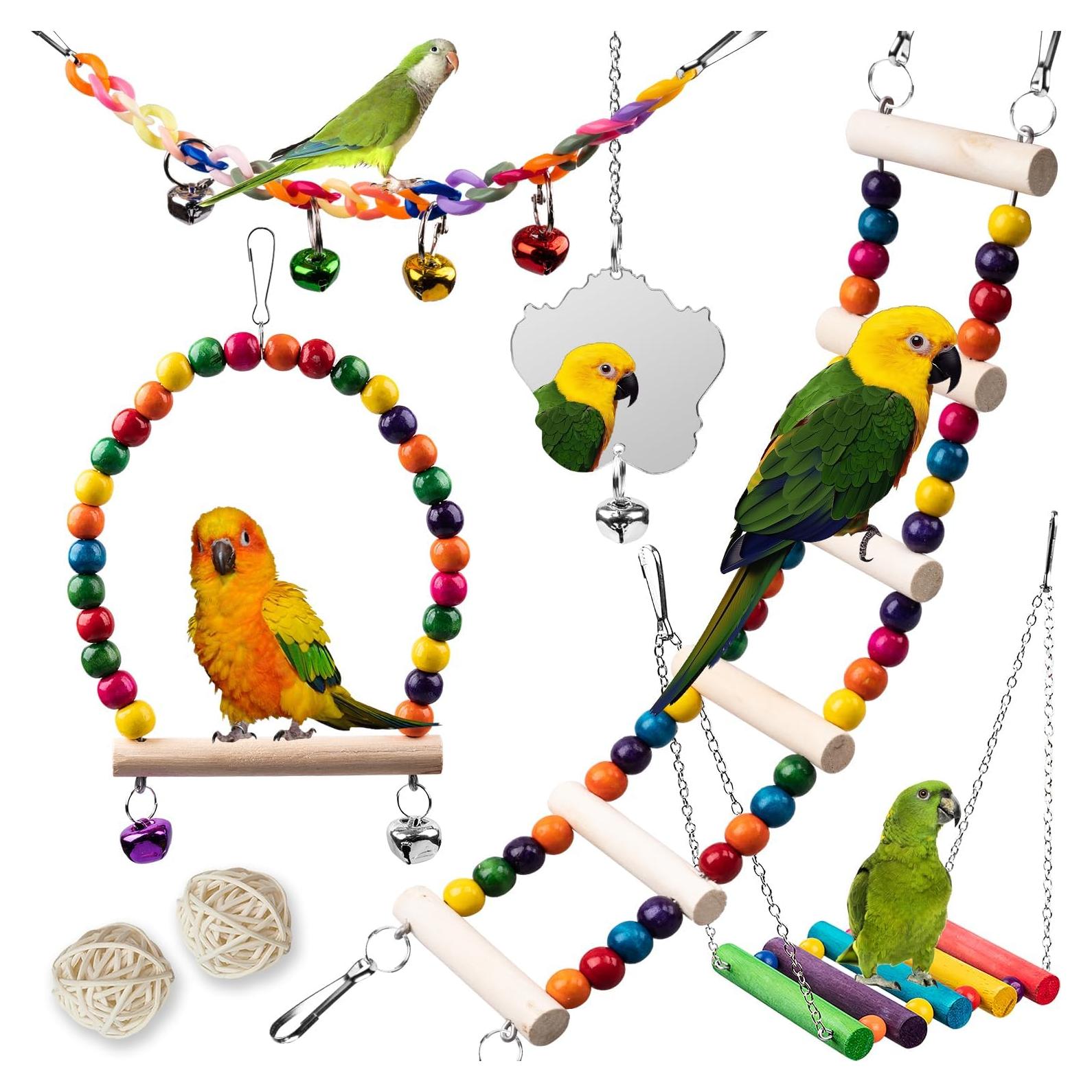 Juguetes para Aves JINJINANV 7 Piezas Madera Natural