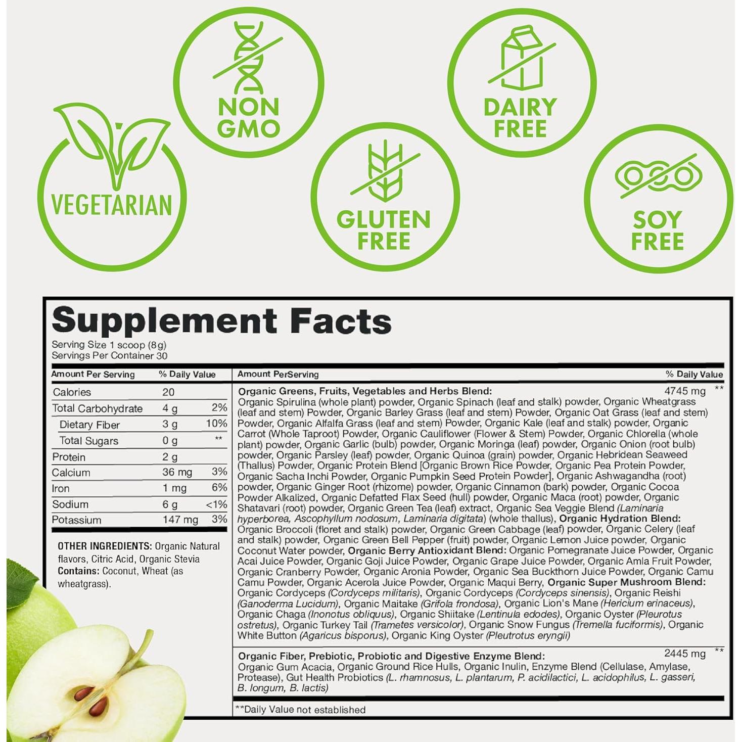 Zena Nutrition Polvo Orgánico de Super Verdes 70+ Superalimentos