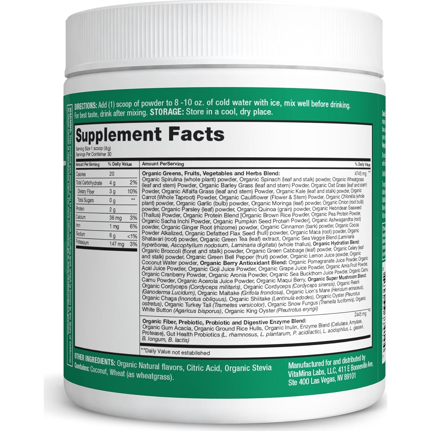 Zena Nutrition Polvo Orgánico de Super Verdes 70+ Superalimentos