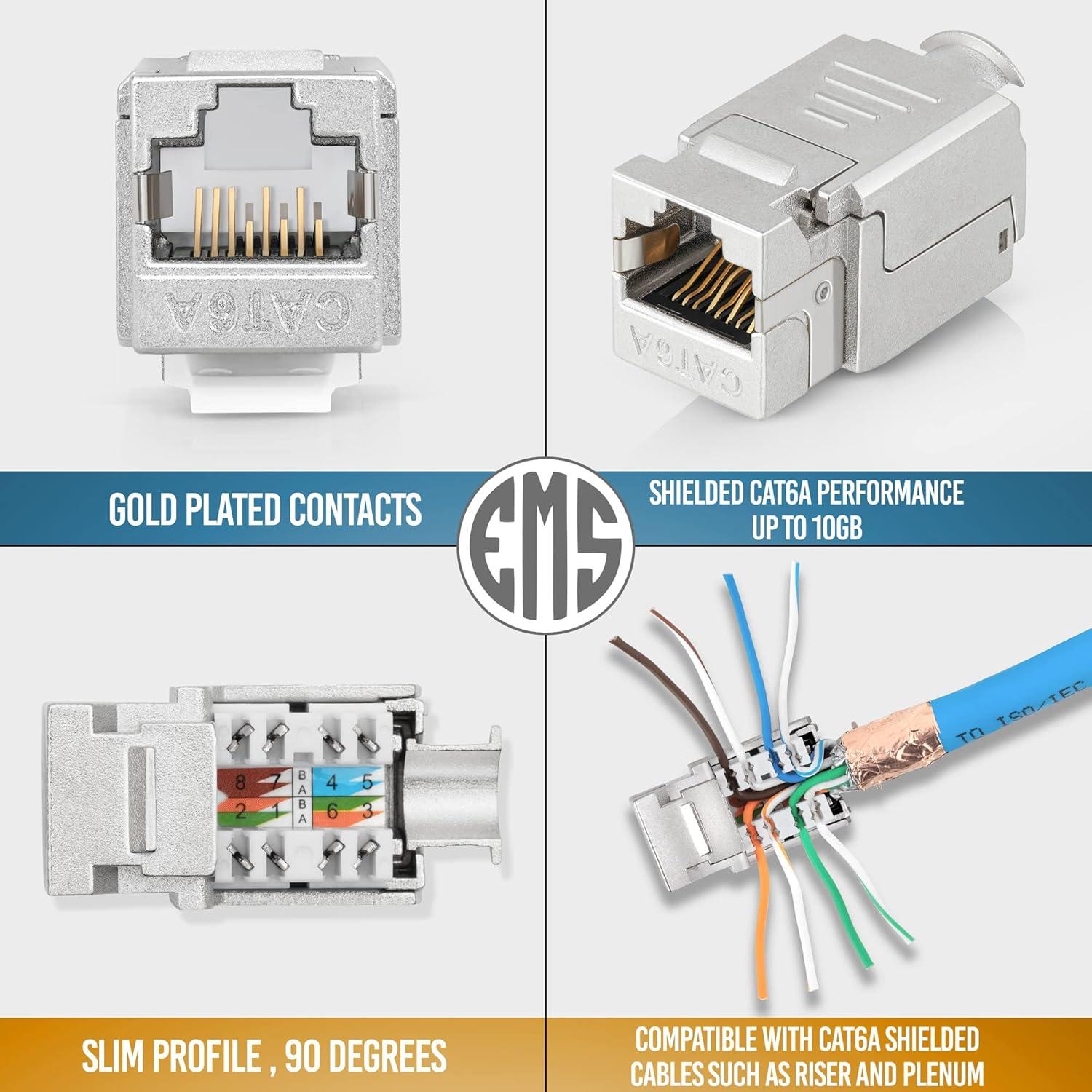 Conectores RJ45 Keystone Blindados Everest - Paquete de 6 - 90 Grados, F/STP, CAT5e, CAT6, CAT6A, CAT7, hasta 10GB