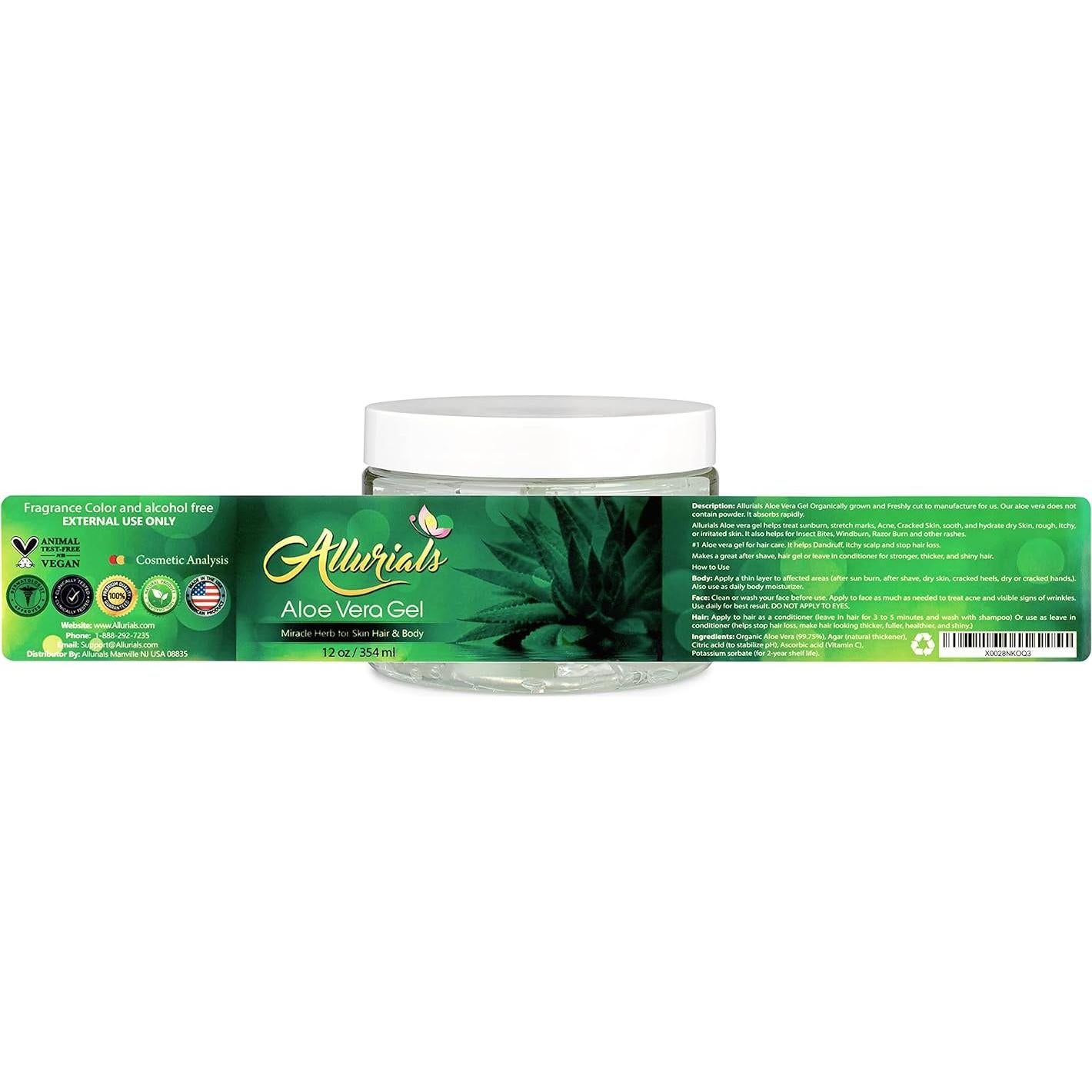 Gel de Aloe Vera Orgánico Allurials 340g - Hidratante Piel y Cabello