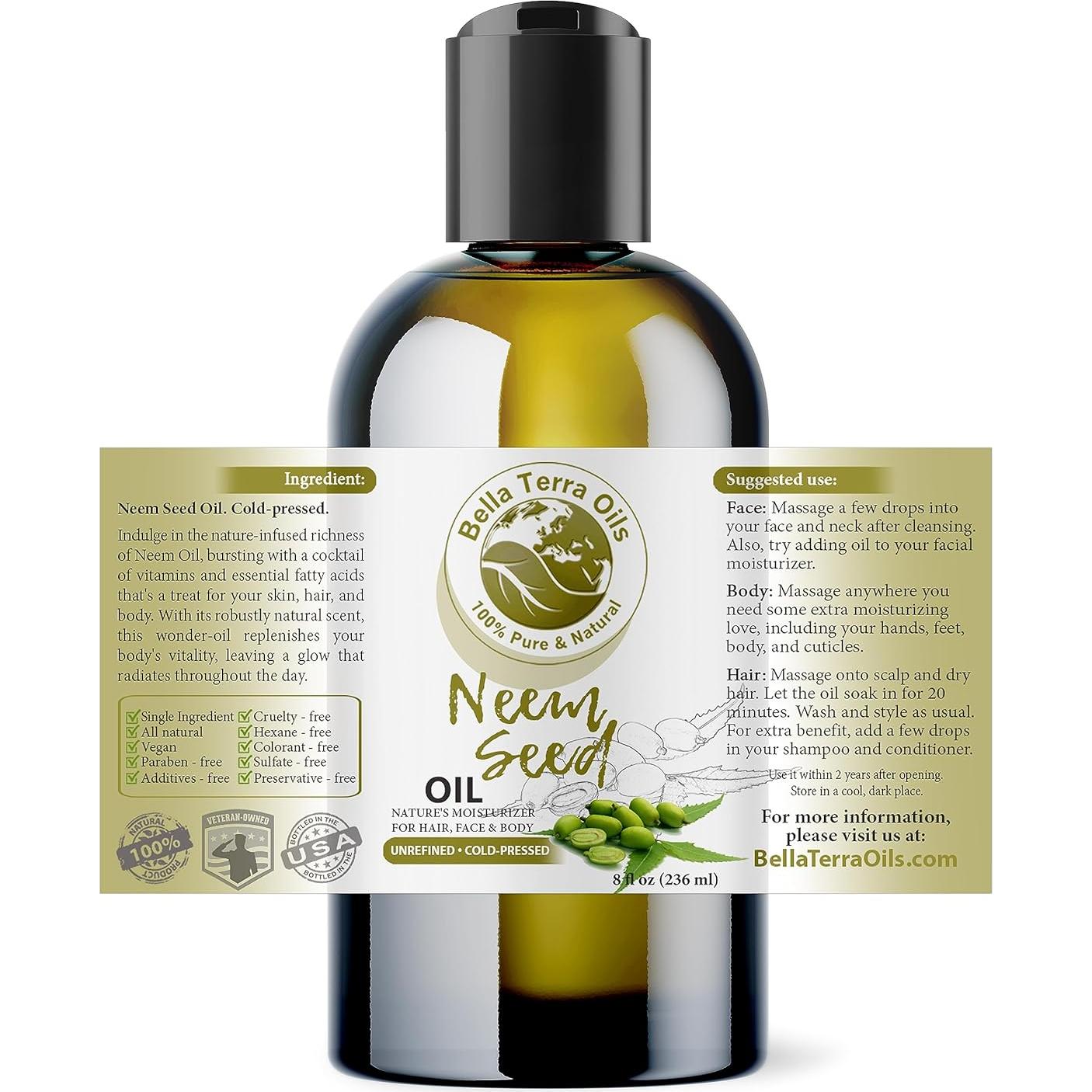 Aceite de Semilla de Neem Orgánico Bella Terra 236ml - Piel y Cabello