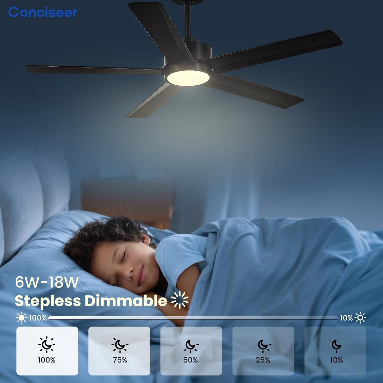 Ventilador de Techo Conciseer 52" Negro con Luz y Control Remoto